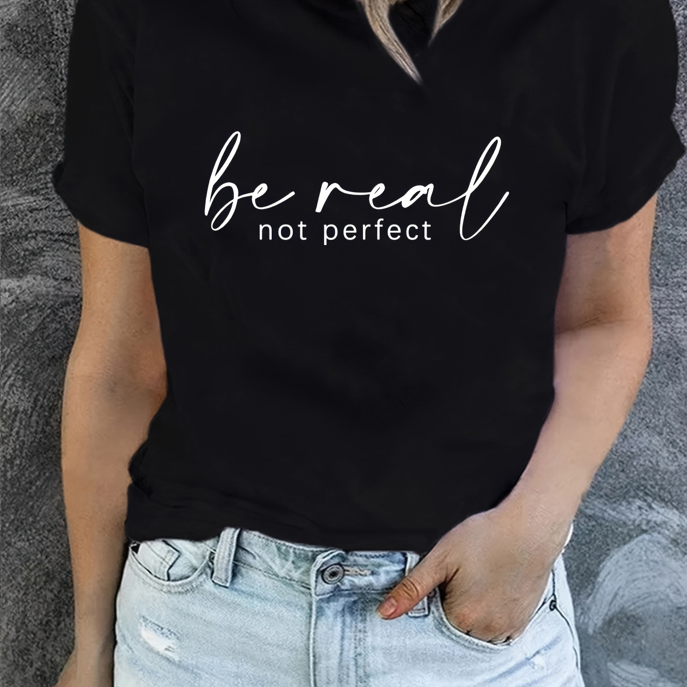 

Be Real Letter Print T-shirt, Short Sleeve Crew Neck Casual Top For Summer & Spring, Women's Clothing