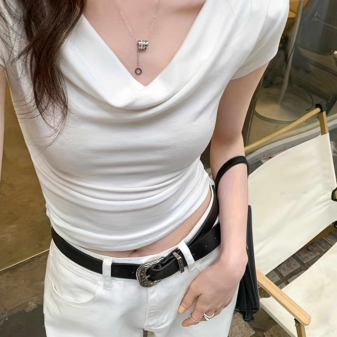 

Solid Cowl Neck Slim T-shirt, Elegant Short Sleeve T-shirt For Spring & Summer, Women's Clothing