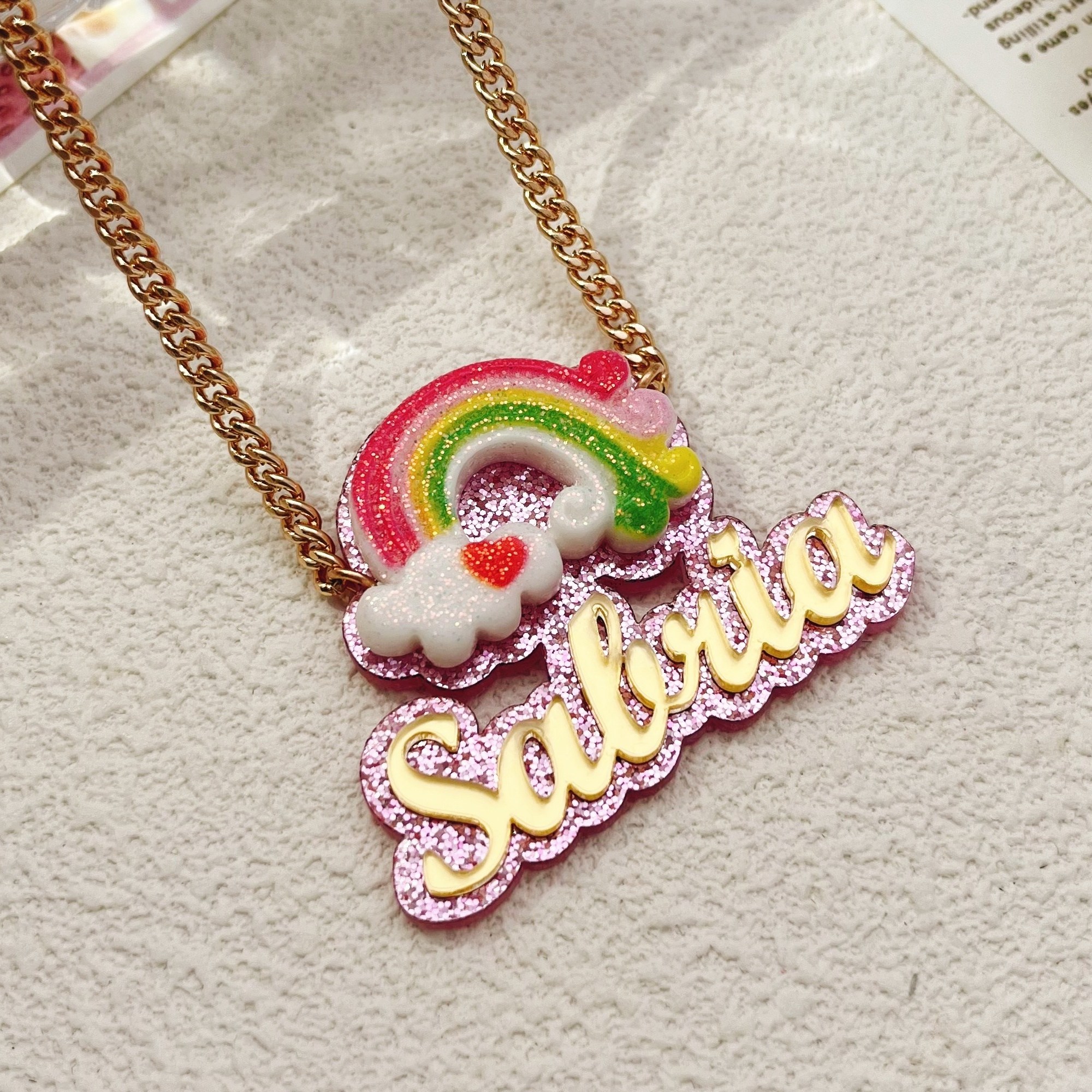 

Custom 3d Rainbow Acrylic Name Necklace, Sparkly Double Pink Mirrored, Golden Chain Pendant, Sexy Cute No Plating Acrylic Neck Piece, Ideal For Daily Wear & Gift-giving, Perfect For , One-size- Season