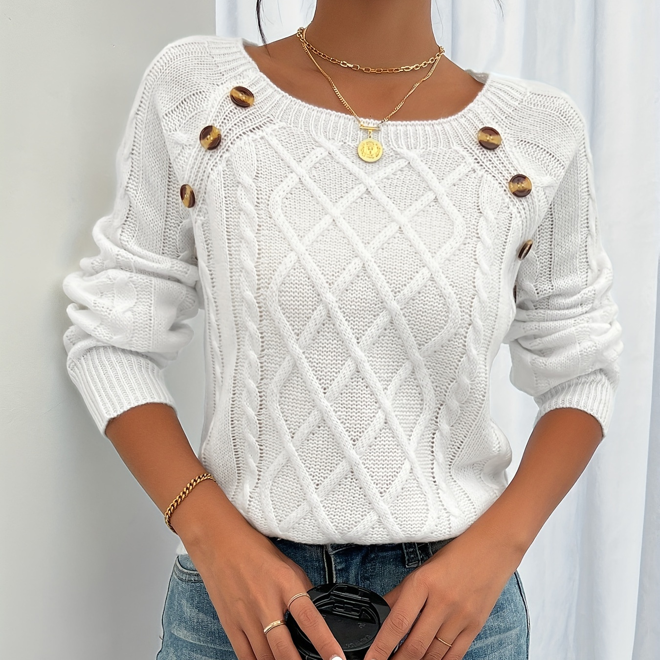 Long Sleeve Cable Knit Sweater, Casual Crew Neck Sweater, Women's Clothing