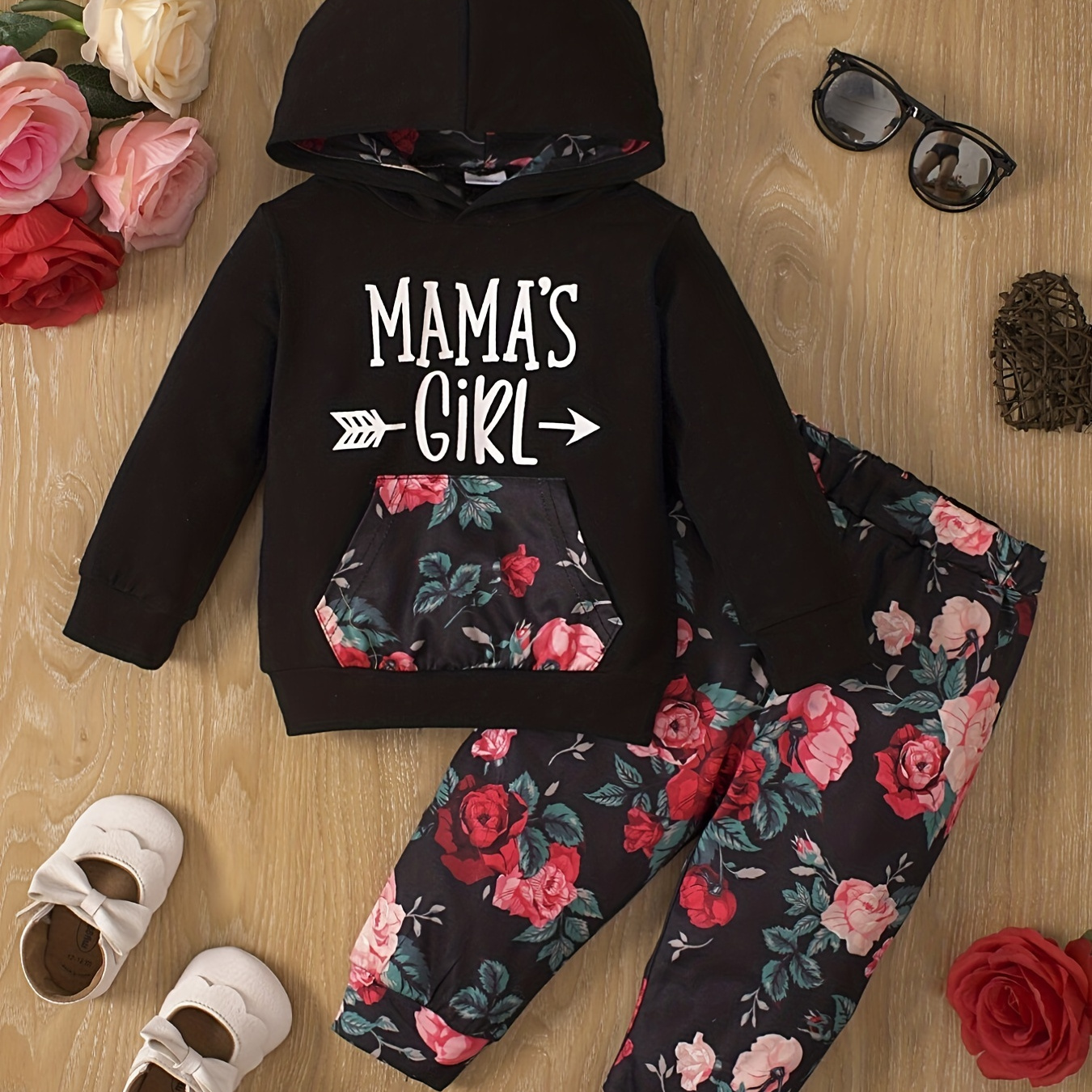 

Toddler Baby Girls Casual Set - Cute Mama's Girl Letter Graphic Hooded Long Sleeve Top + Floral Trousers -children's Cotton Thermal Outfits