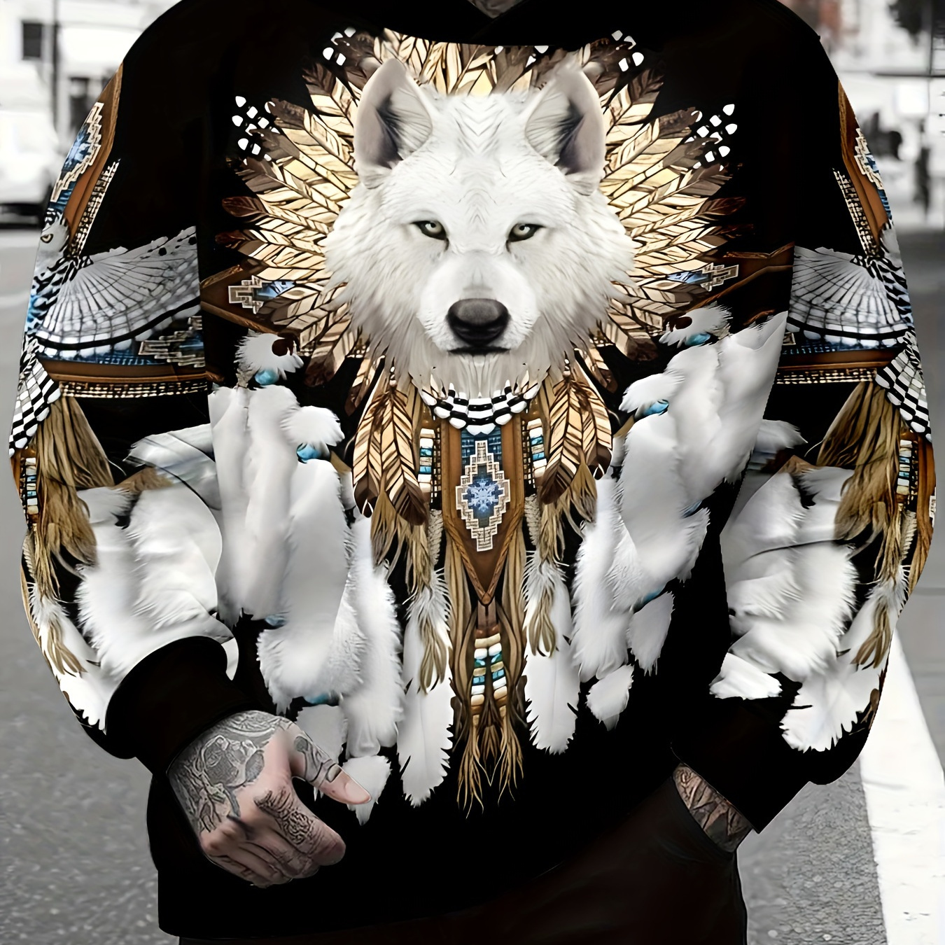 

Men's 3d Wolf Print Hoodie - Casual Pullover With Kangaroo Pocket, Long Sleeve, Polyester , Fall & Winter