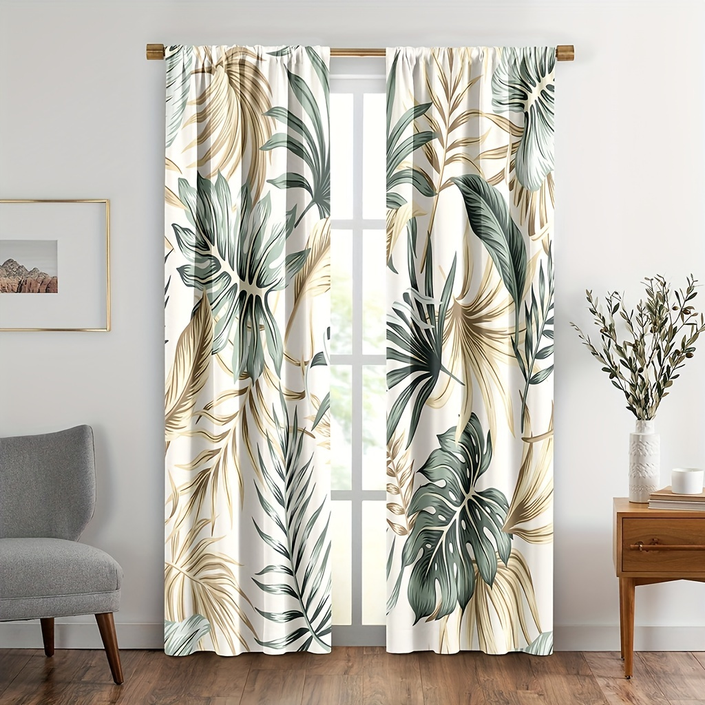 

2pcs Palm Leaf Printing Curtain, Rod Pocket Window Treatment For Bedroom Office Kitchen Living Room Study Home Decor, Room Decoration Aesthetic Curtain