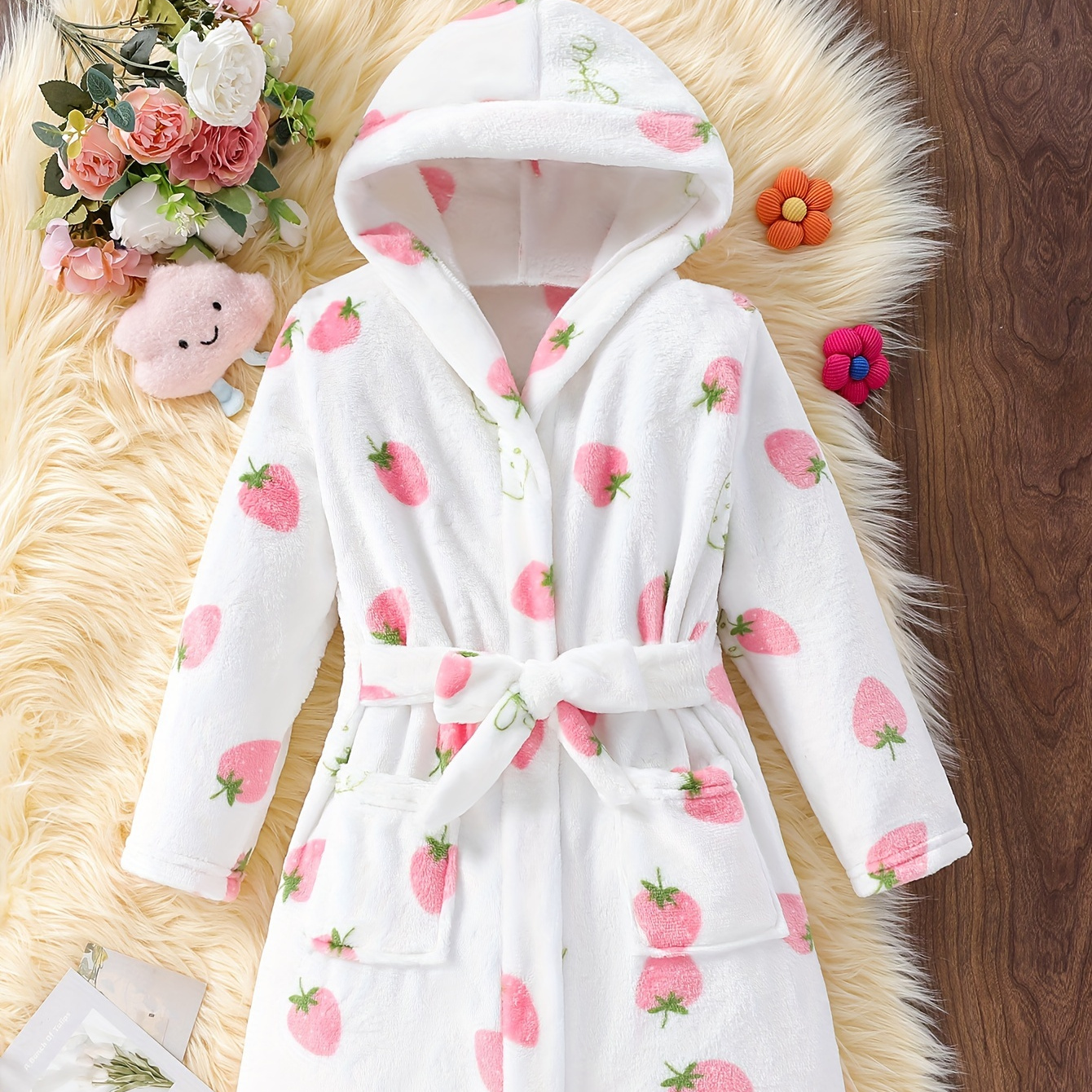 

Girls Robe Soft Warm Hooded Bathrobe With Blet Strawberry Pattern For Gift