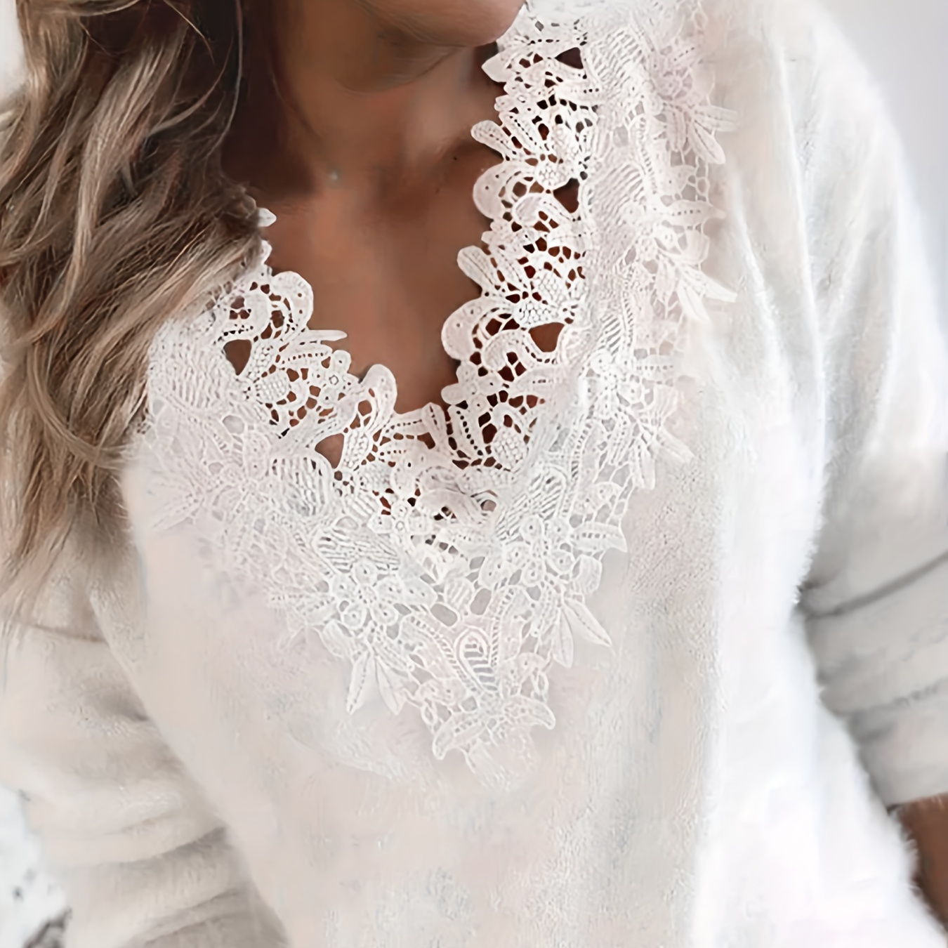 

Contrast Lace Solid Knit Sweater, Elegant V Neck Long Sleeve Sweater, Women's Clothing