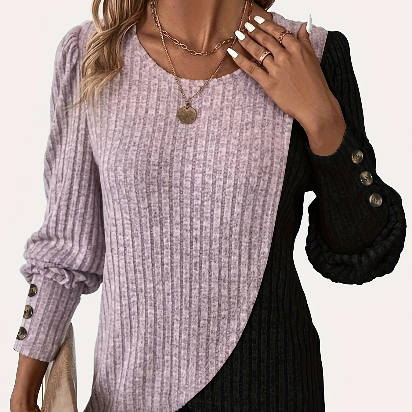 

Autumn And Winter Casual Spliced Round Neck Button T-shirt