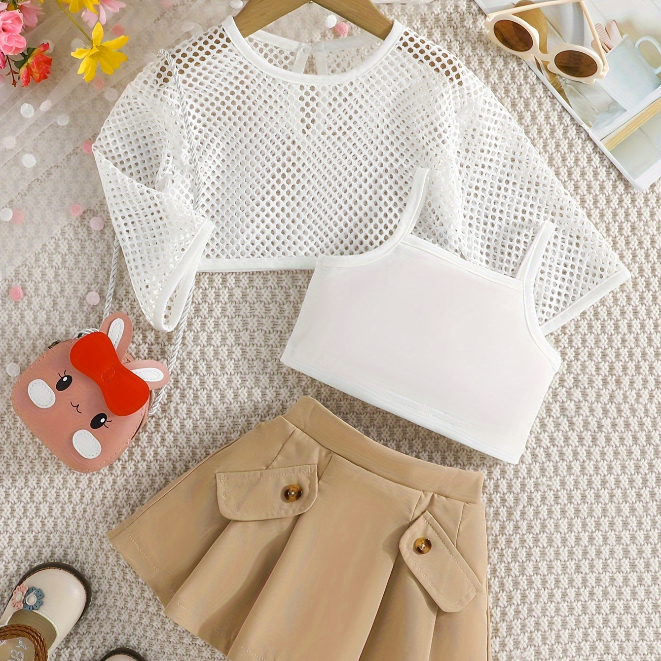 

3pcs Baby Girls Fashion Mesh Grip Pullover + Cami Top + Solid Color Skirt Casual Set, K-pop