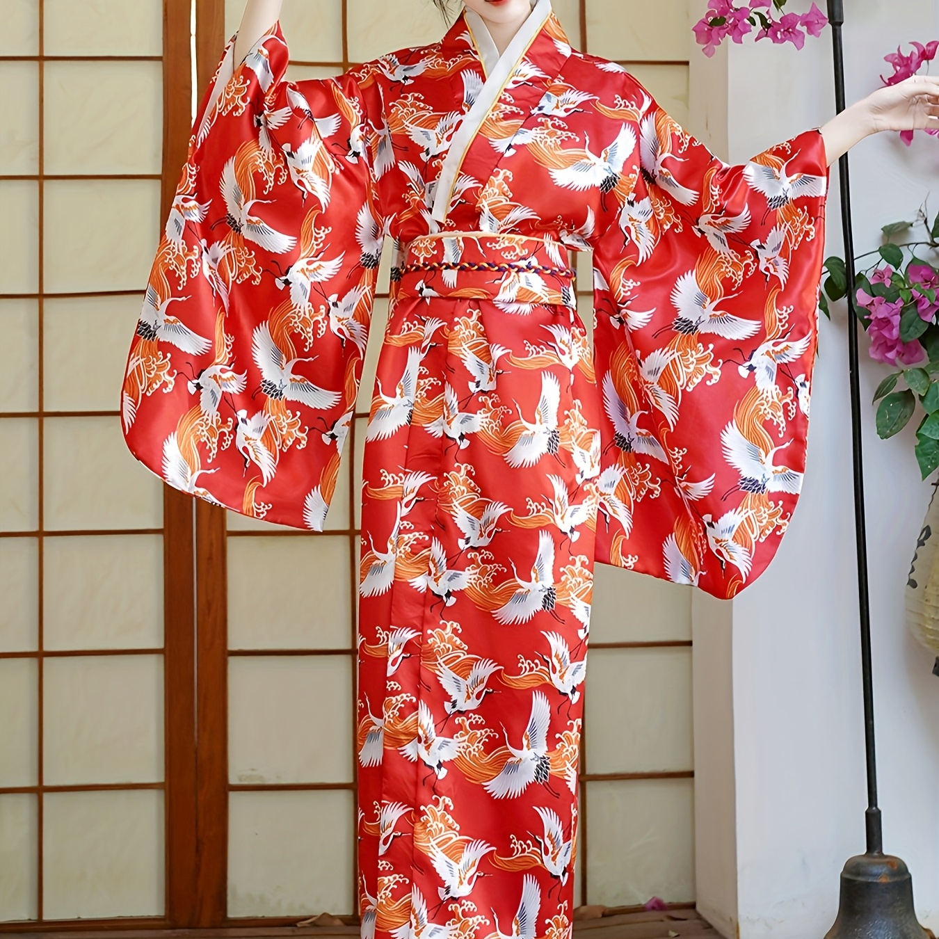 Women'S Traditional Japanese Kimono, V-Neck with Back Bow Belt,  Three-Quarter Sleeves, Loose Fit for Festive Occasions, Cultural Attire,  Elegant Design, Fabric Smooth Cool, Suitable for Weight ...