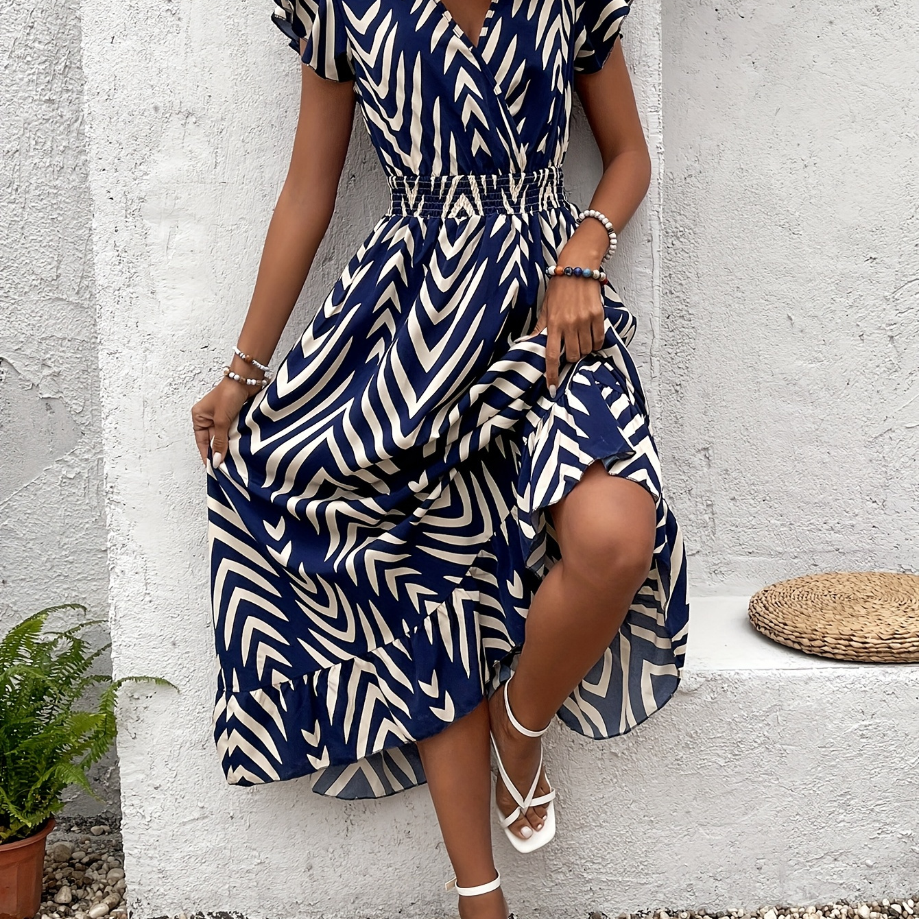 

Striped V-neck Dress, Ruffle Sleeve A-line Dress For , Women's Clothing