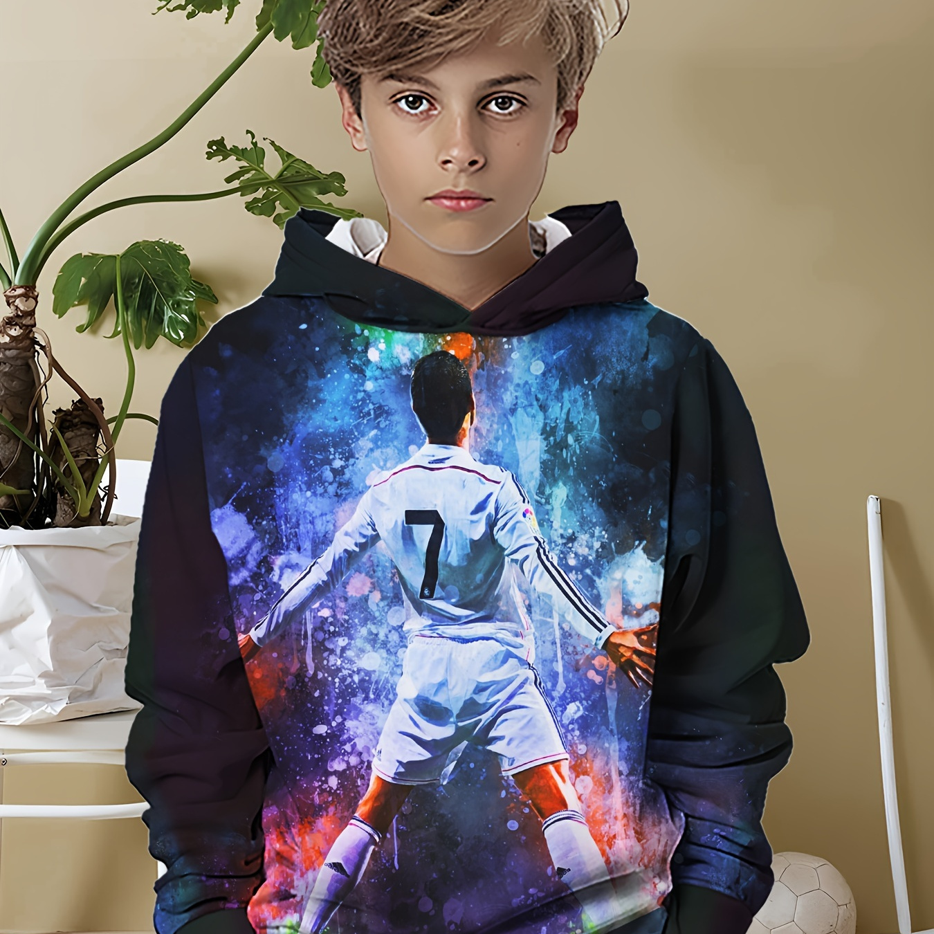 

Player Printed Hoodie For Boys, Casual Spring/fall Knit Fabric Sweatshirt With Hood, Medium Stretch Polyester, Regular Fit, Sports-themed Unisex Top