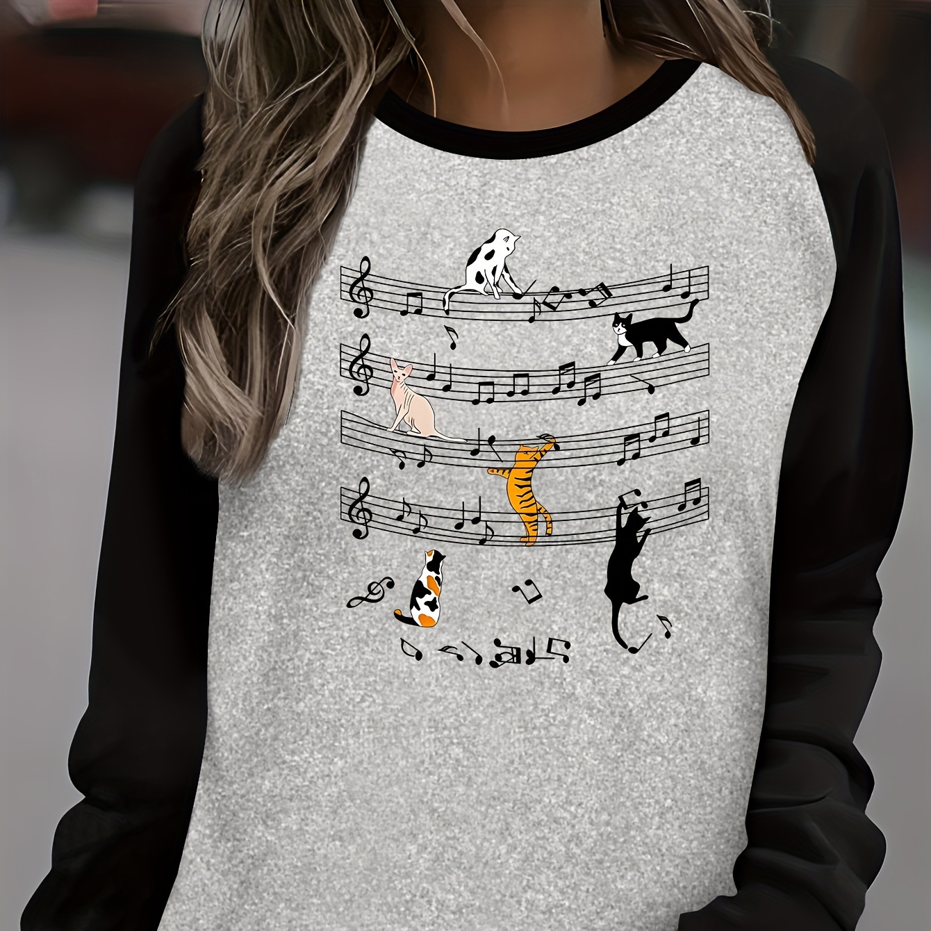 

Women's Casual Crew Neck Long Sleeve T-shirt With Cute Cat Musical Note Applique, Polyester And Spandex Blend, Knit Fabric, Comfort