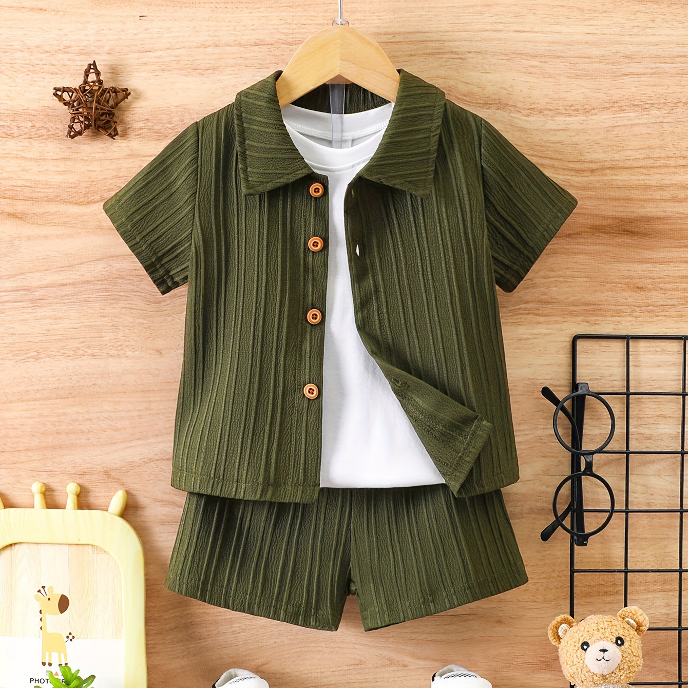 

Toddler Boys Stylish Textured Summer Set, Solid Color Short Sleeve Shirt & Casual Shorts, Baby Boy's Clothing
