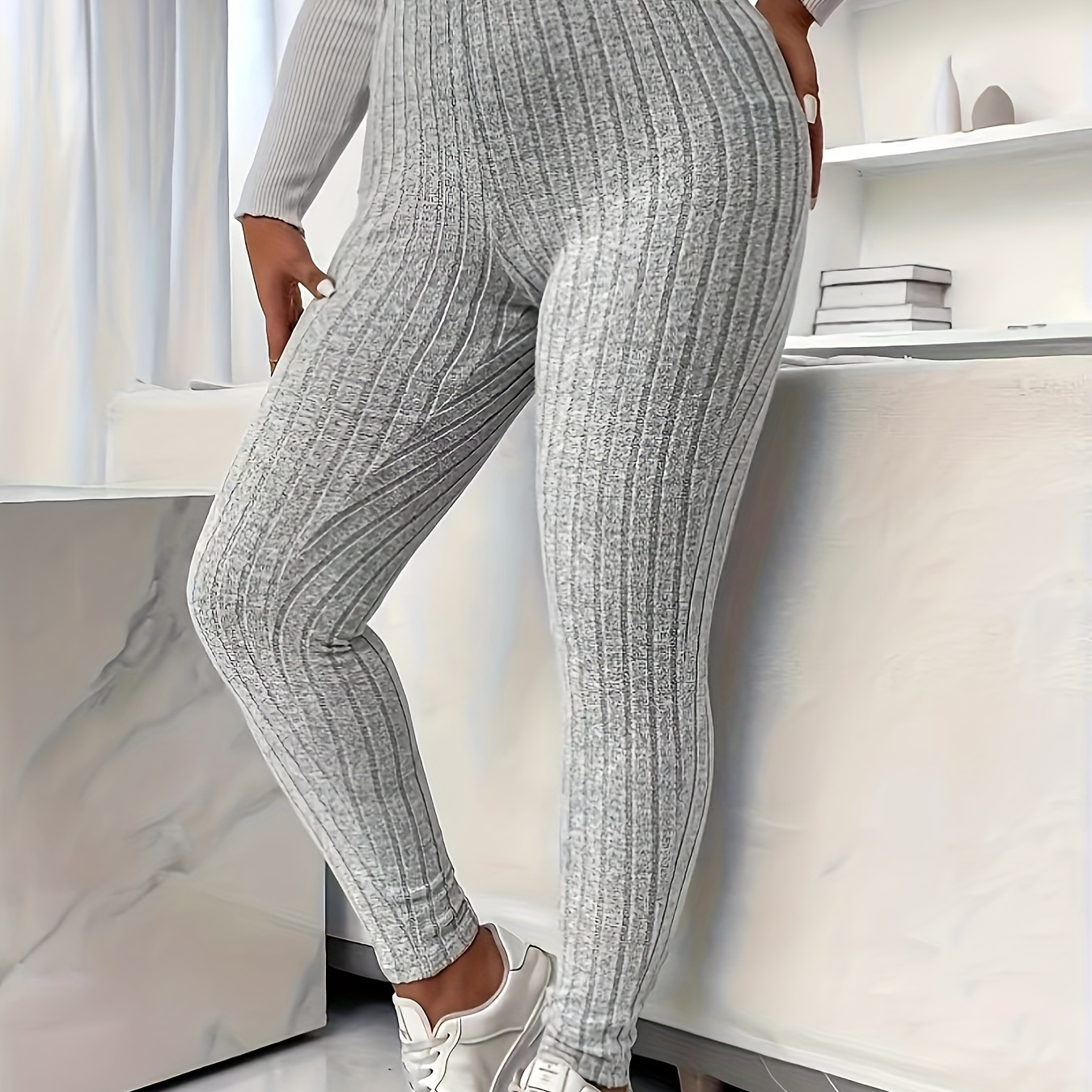 

Women's Plus Size Ribbed Knit Leggings - Elegant, Stretchy & Comfortable For All , Fashion Leggings | Formfitting Leggings | Stretchy Polyester , High Waisted Leggings