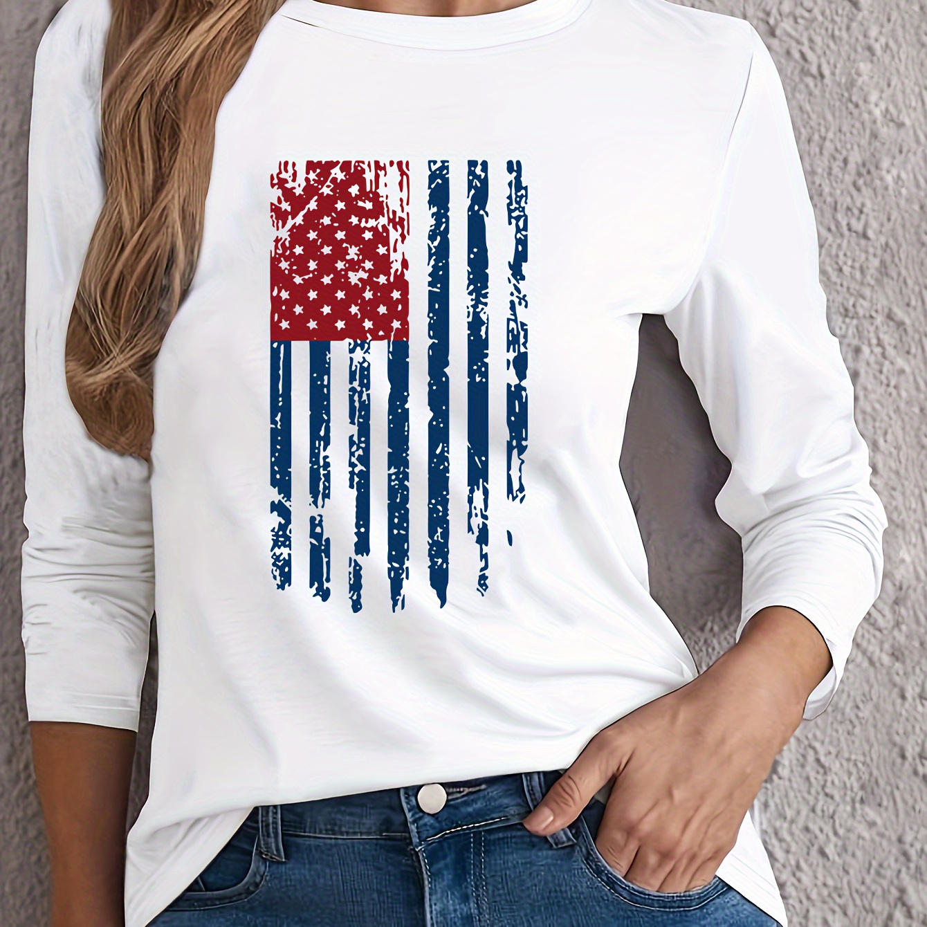 

American Flag Print Long Sleeve T-shirt - Casual Crew Neck, Soft Polyester, Machine Washable - Women' For Fall/winter