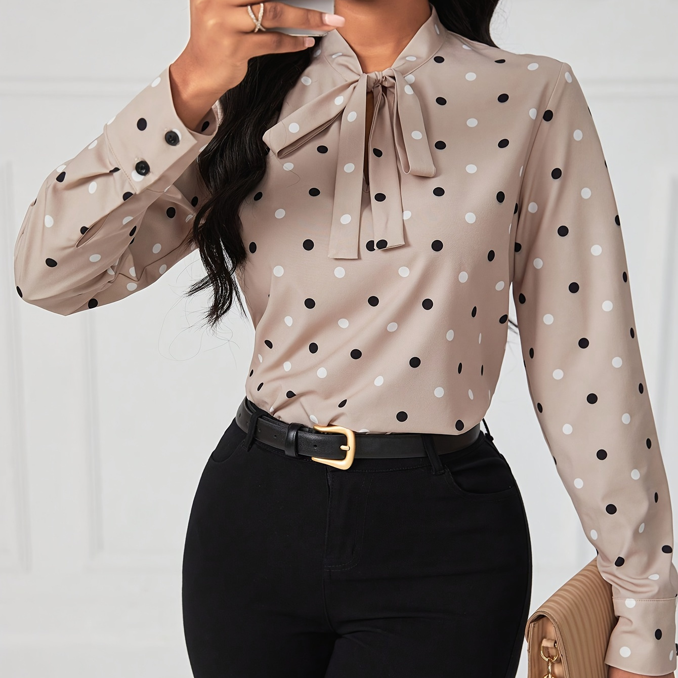 

Polka Dot Tie Neck Blouse, Elegant Long Sleeve Blouse For Spring & Summer, Women's Clothing