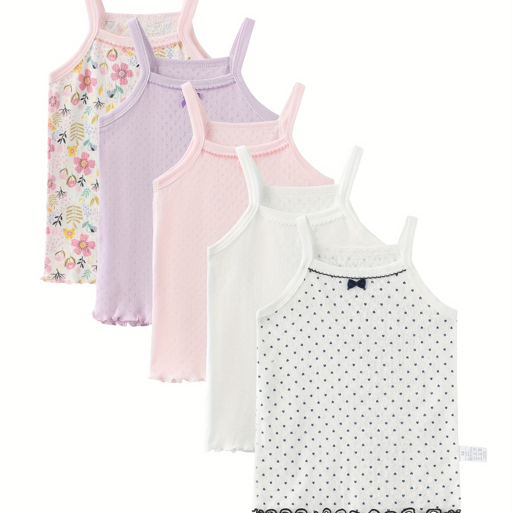 

5 Pcs Girl's Floral & Polka Dots Print Cotton Vest, Stylish Cute Bow Vest, All Season Wearing