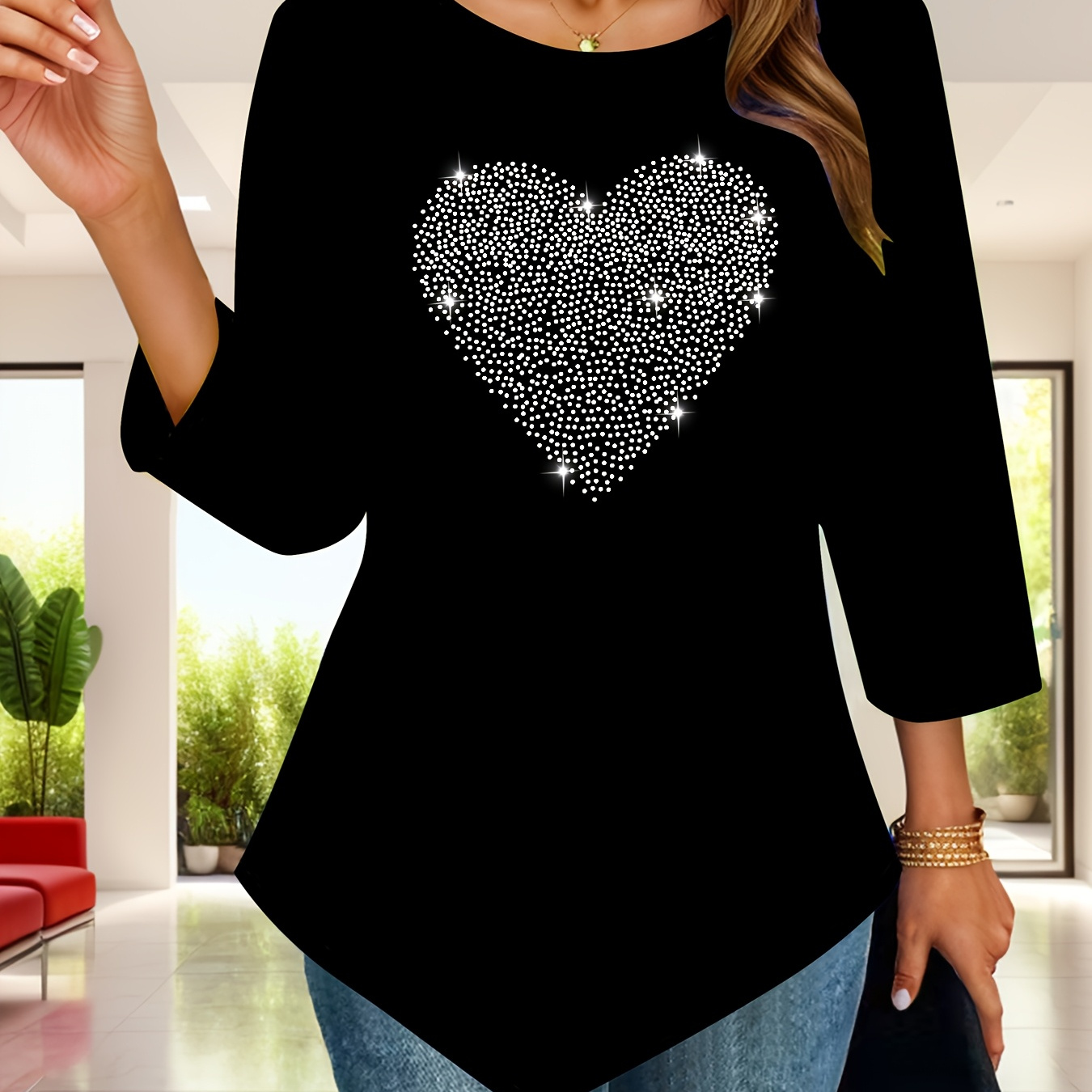 

Women's Elegant Long Sleeve Crew Neck T-shirt With Rhinestone Heart Detail, Polyester 95% Spandex 5% Knit Fabric, Fashion Top With Asymmetrical Hem