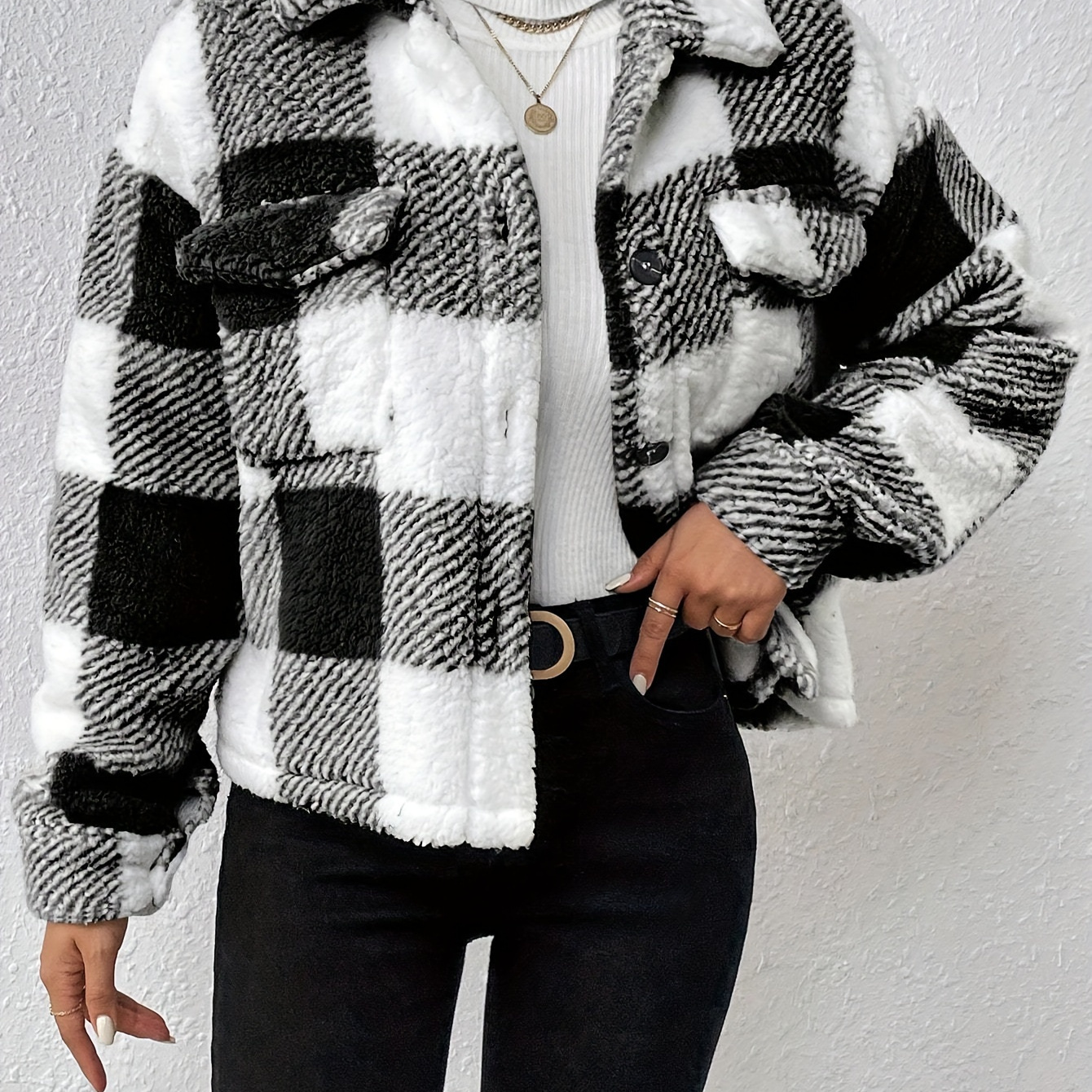 

Pattern Button Front Fuzzy Coat, Casual Long Sleeve Warm Outerwear For Fall & Winter, Women's Clothing