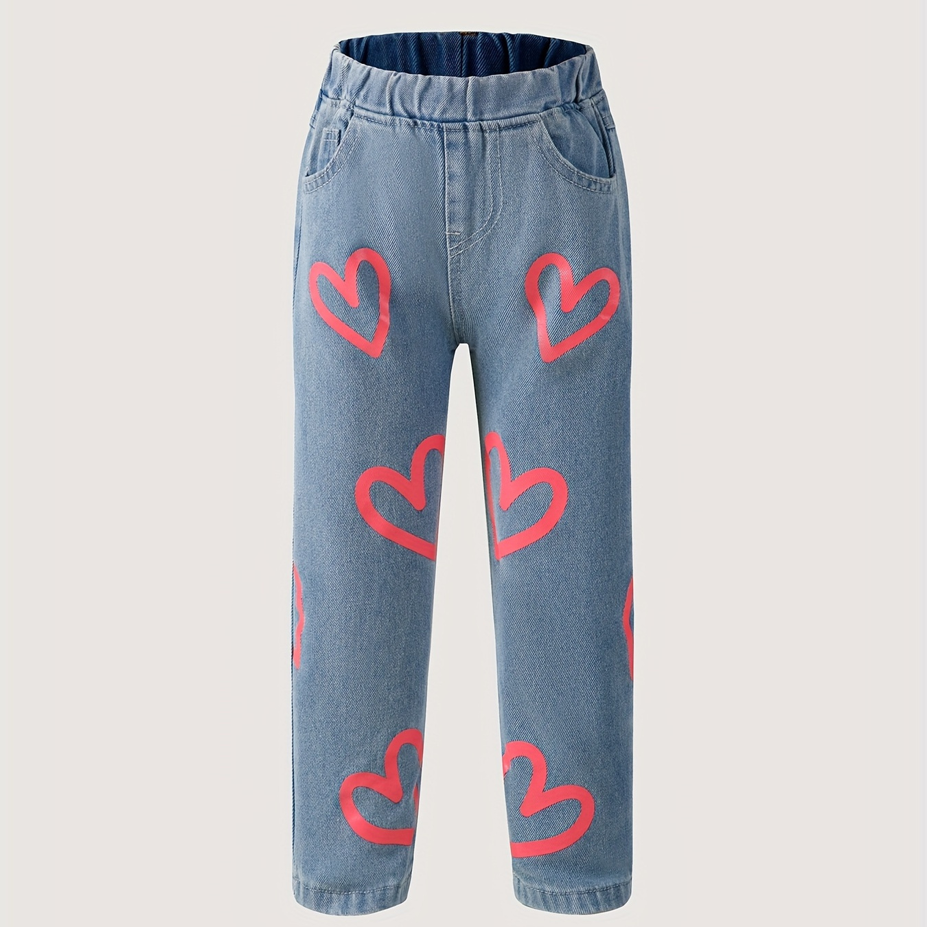 

Cute Hearts Graphic Jeans For Young Girls, Pull-on Casual Straight Denim Pants For All Seasons