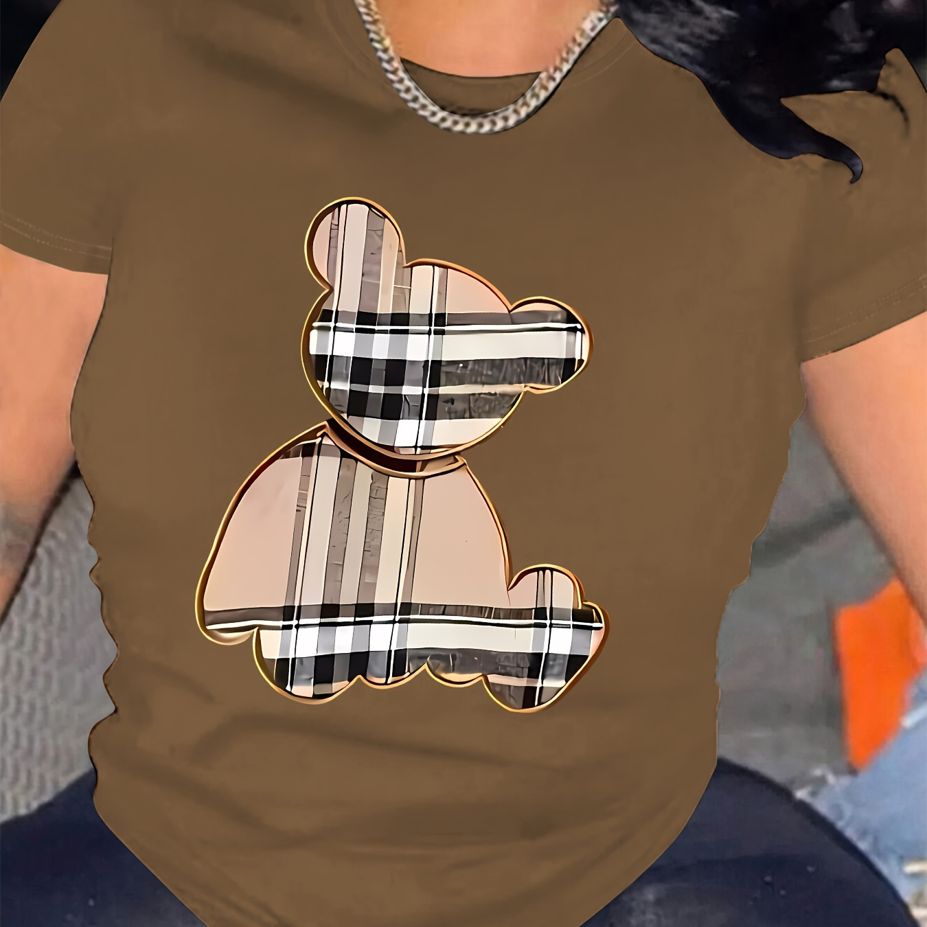 

Bear Print T-shirt, Short Sleeve Crew Neck Casual Top For Summer & Spring, Women's Clothing