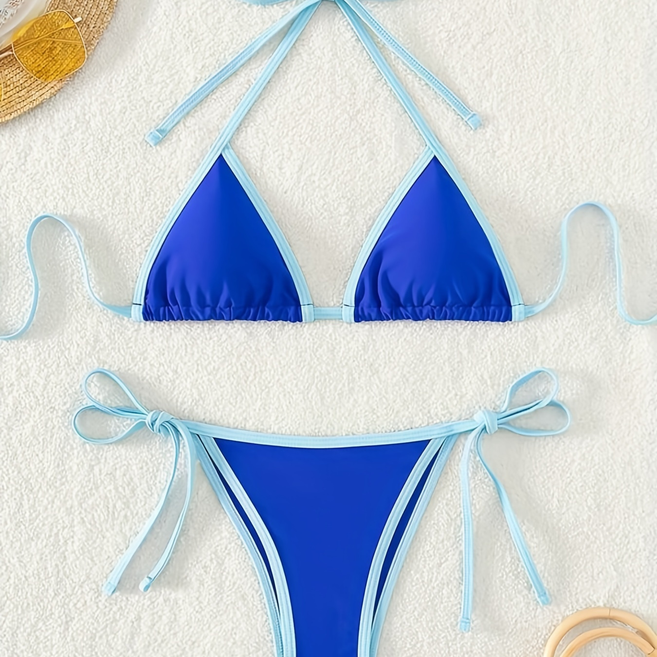 

Contrast Trim Halter Tie Side 2 Piece Set Bikini, Triangle Tie Back Stretchy Blue Swimsuits, Women's Swimwear & Clothing