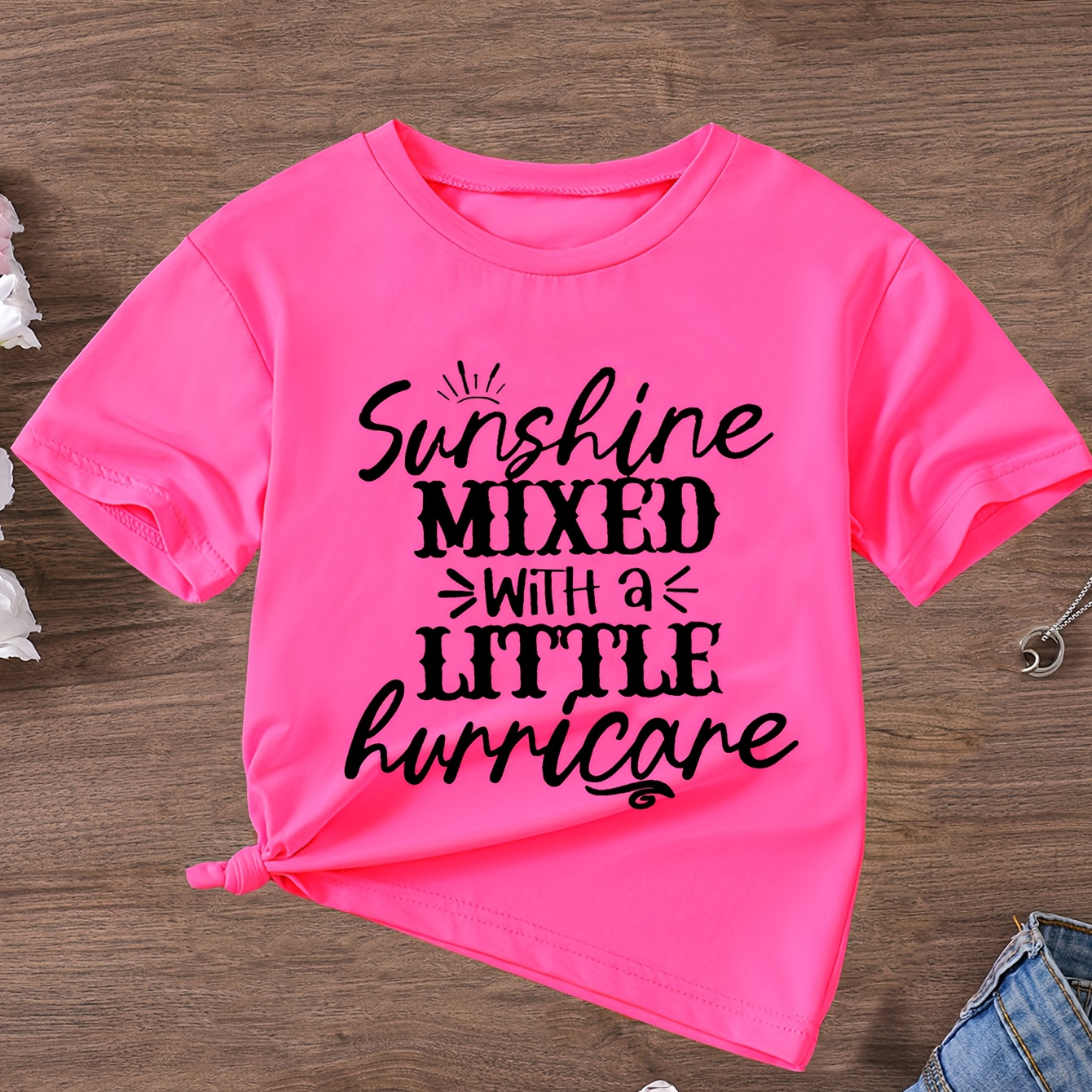 

Letter Print Creative T-shirts, Soft & Elastic Comfy Crew Neck Short Sleeve Tee, Girls' Summer Tops