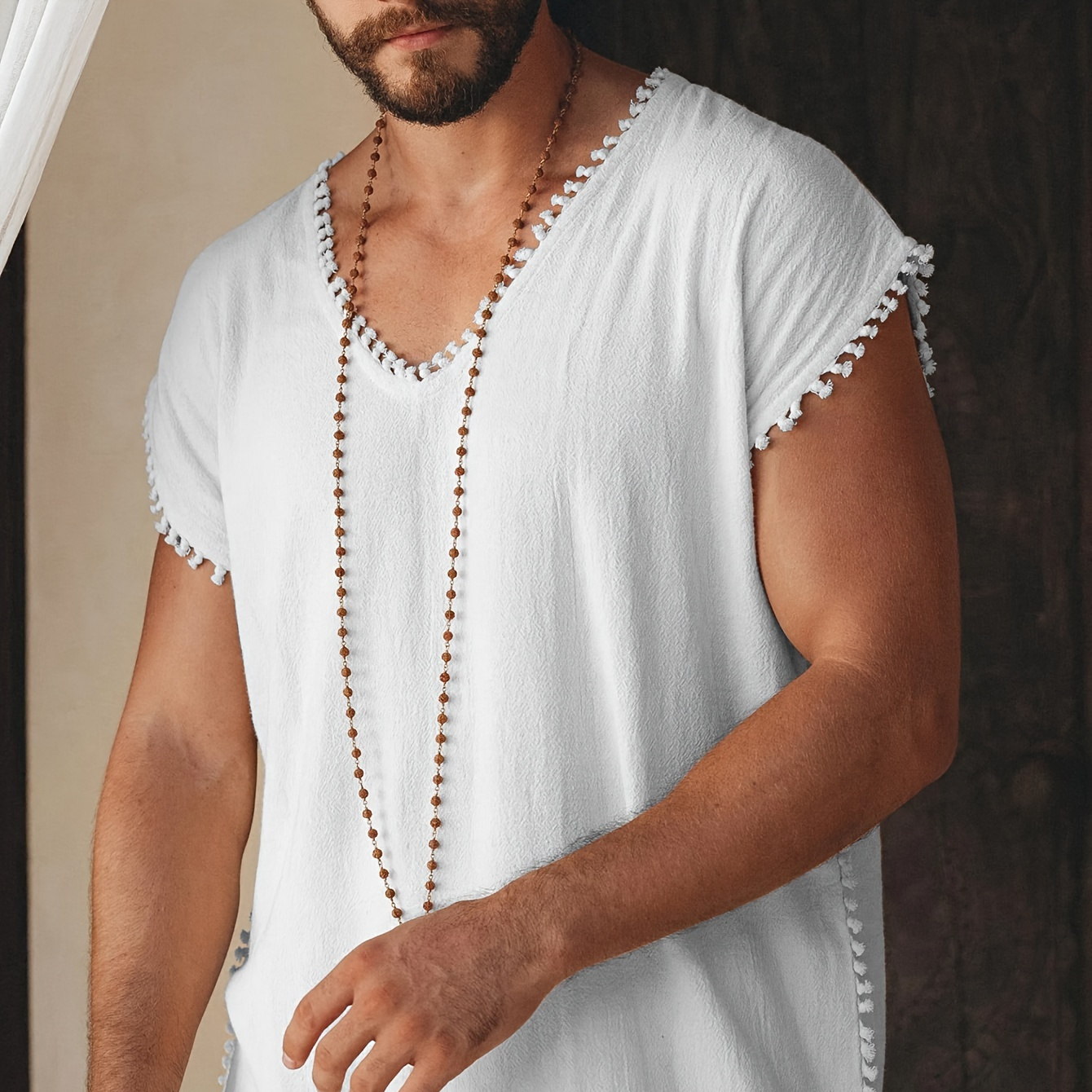 

Men's Creative Hem Design Sleeveless V-neck Cotton Comfy Tank Top, Men's Summer Holiday Beachwear