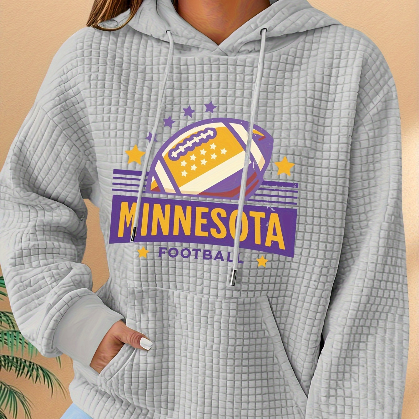 

Football Casual Hooded Sweatshirt For Women - Polyester Knit Waffle Texture With Applique, Long Sleeve Pullover, Cozy Fall/winter Wear