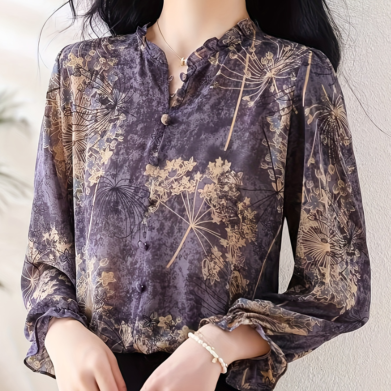 

Women's Elegant Floral Print Blouse, Polyester , Spring/autumn Fashion, Button-down Shirt With Small Stand Collar, Slim Fit, Adult Size, Woven Fabric