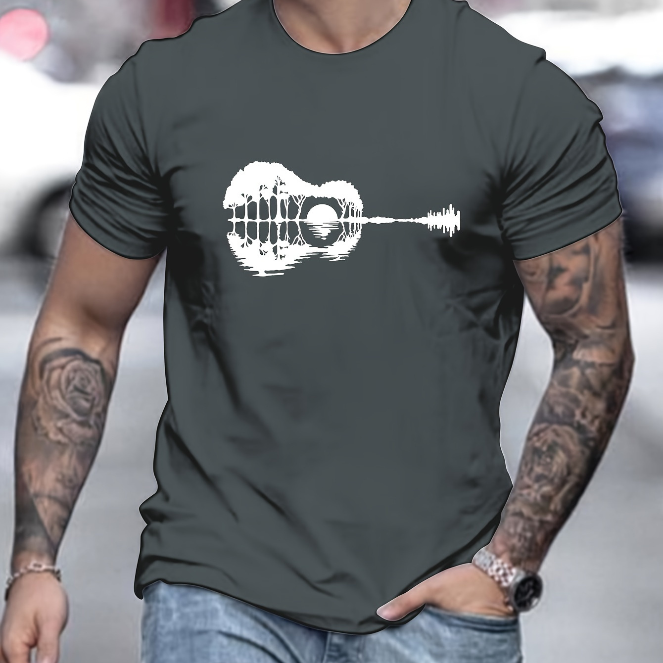 

Guitar Print Men's Crew Neck Fashionable Short Sleeve Sports T-shirt, Comfortable And Versatile, For Summer And Spring, Athletic Style, Comfort Fit T-shirt, As Gifts
