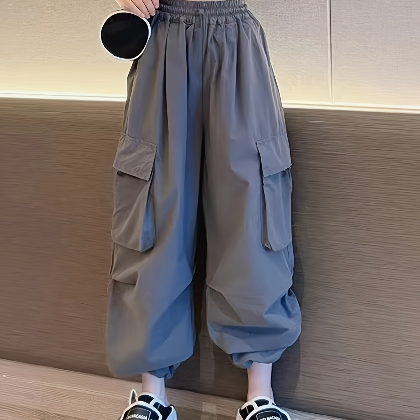 

Children's Casual Cargo Pants - Polyester Blend, Non-stretch, Solid Color With Pockets, Super Loose Fit, Woven Cargo Trousers For Girls, Suitable For Spring/summer/fall - Ages 12 And Under