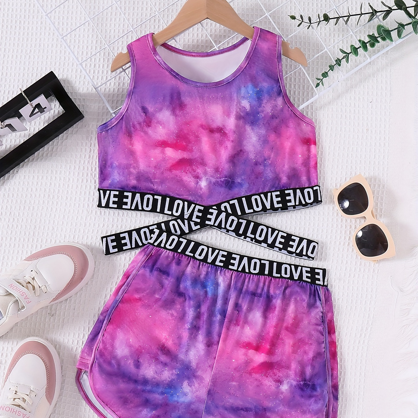 

Starry Tie Dye Print 2pcs Girls Letter Tape Tank Top + Sports Shorts Casual Set