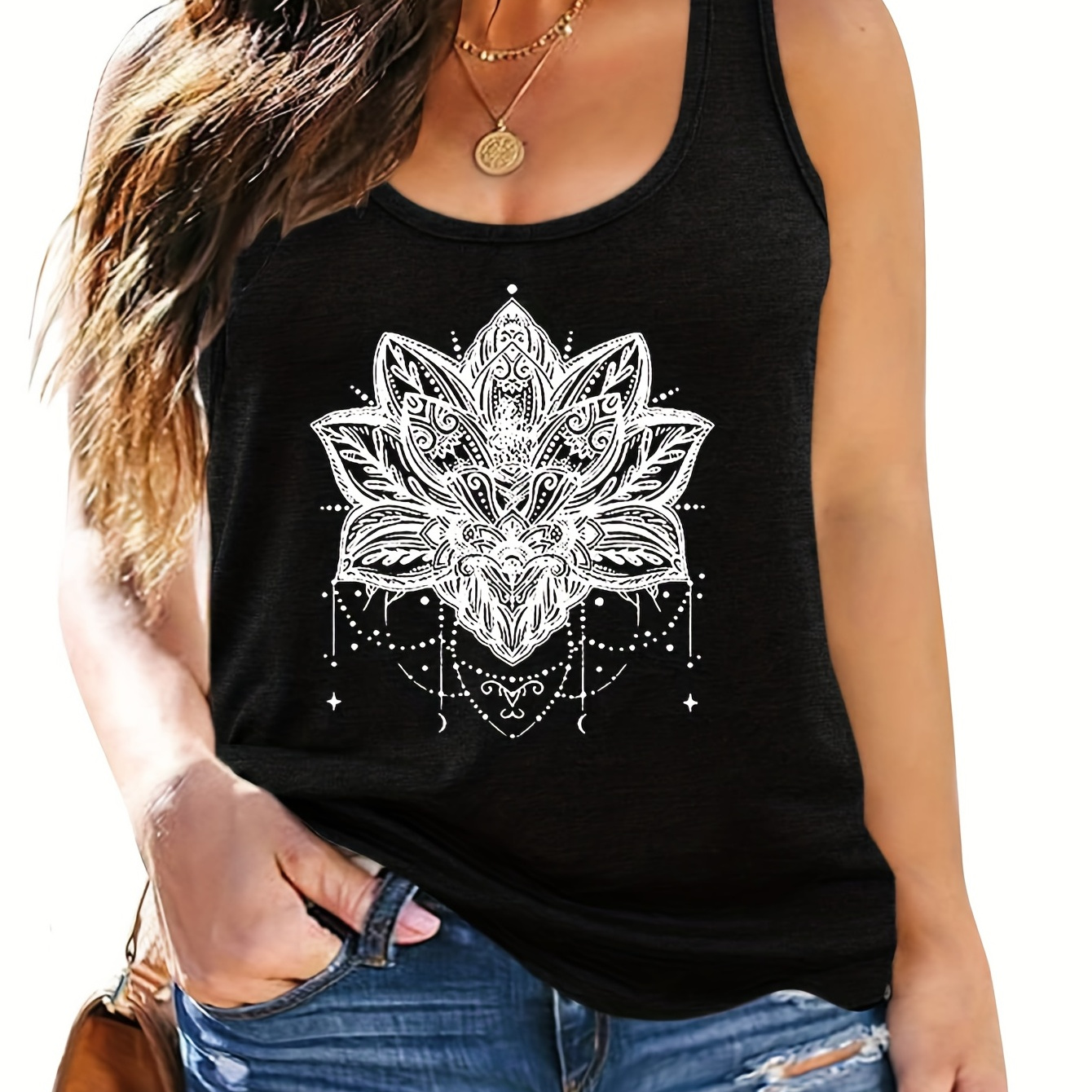 TEMU Plus Size Casual Tank Top, Women's Plus Lotus Print Round Neck Medium Stretch Tank Top