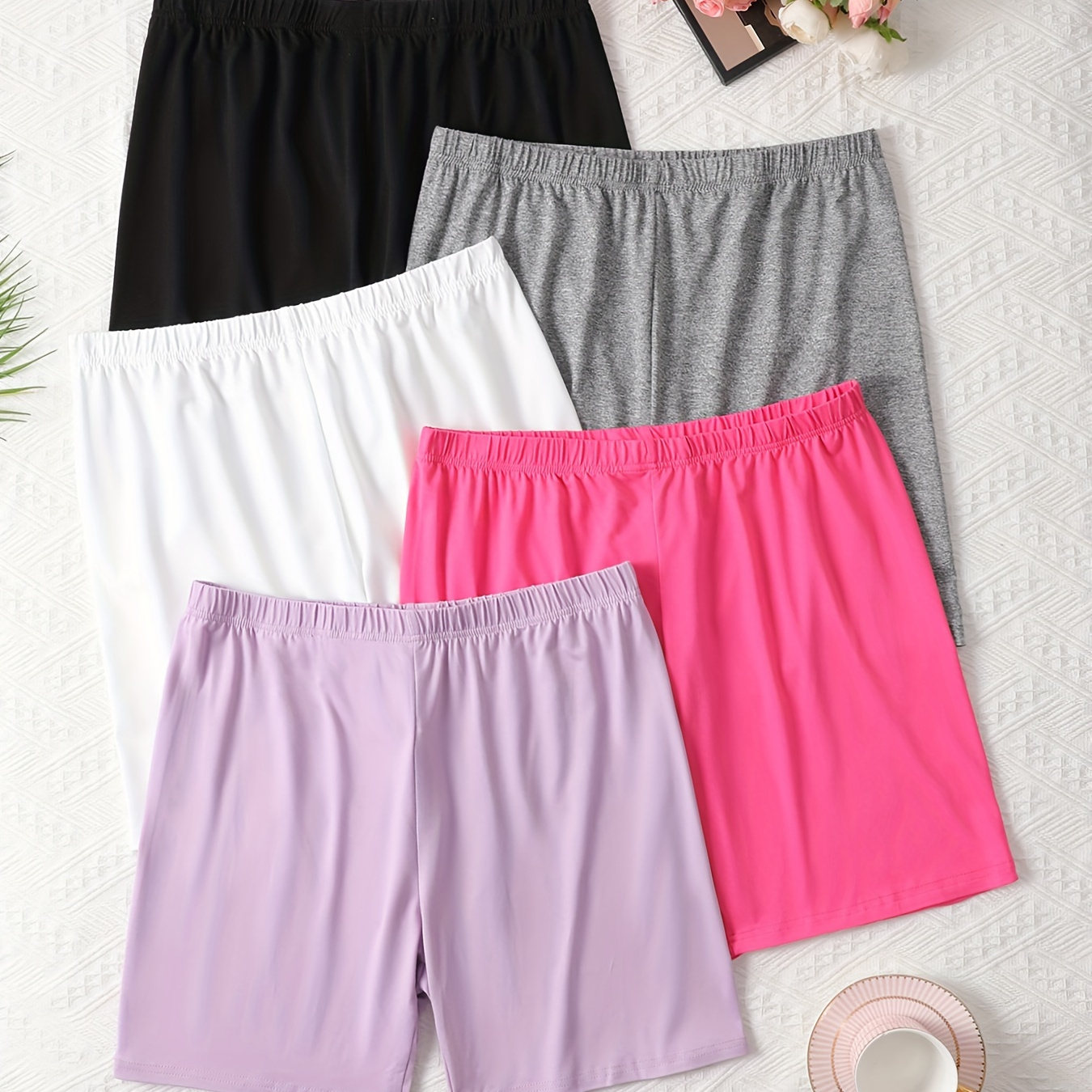 

5pcs Women's Plus Casual Lounge Shorts, Plus Size Solid Elastic Waist Medium Stretch Home Wear Shorts