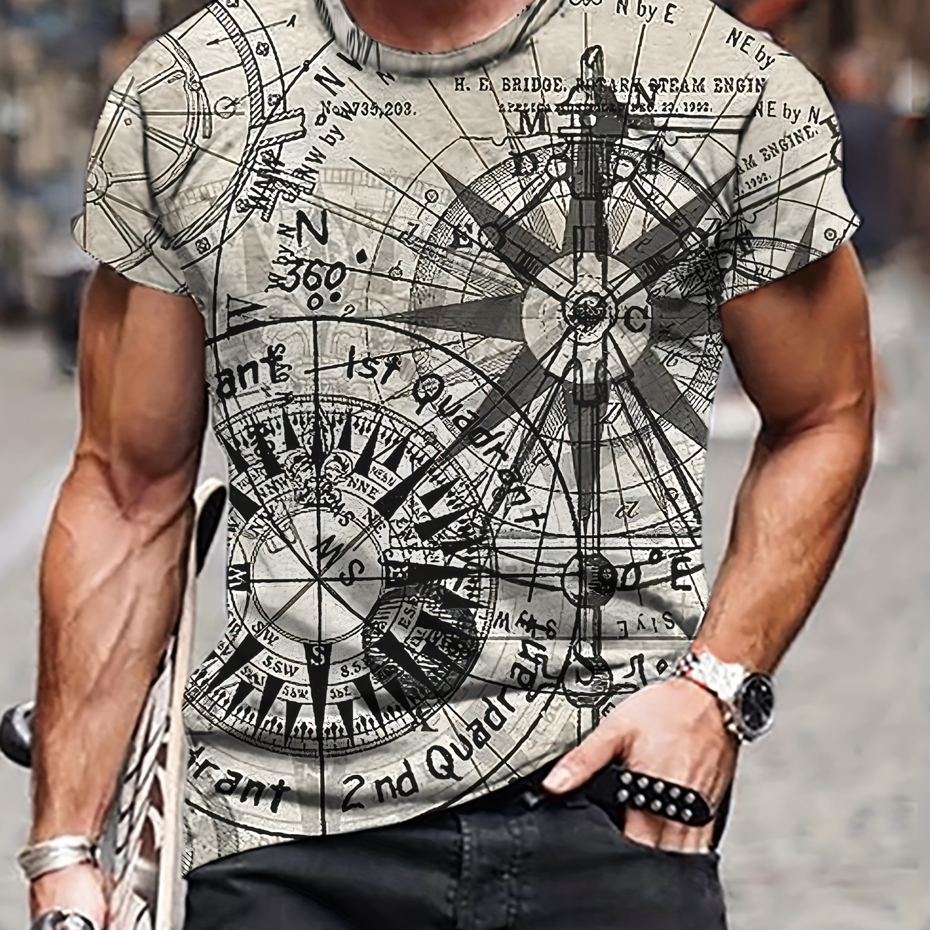 

Men's Compass Graphic Print T-shirt, Short Sleeve Crew Neck Tee, Men's Clothing For Outdoor