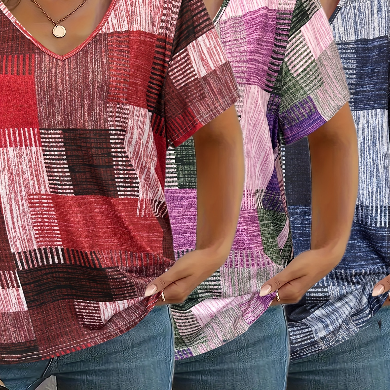 

Size Women's T-shirts 3pcs - V-neck, Short Sleeve, Stretchy Knit With Unique Patchwork Prints, Machine Washable