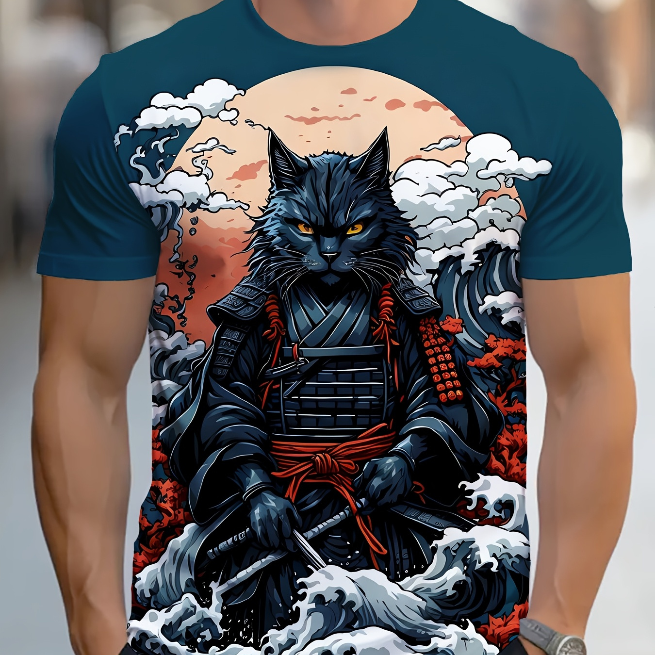 

Men's Plus Size Casual Tee With Cat Design - Short Sleeve, Round Neck, Polyester & Spandex , Machine Washable, With & Sunset Graphics, Plus Size Tee, Plus Size