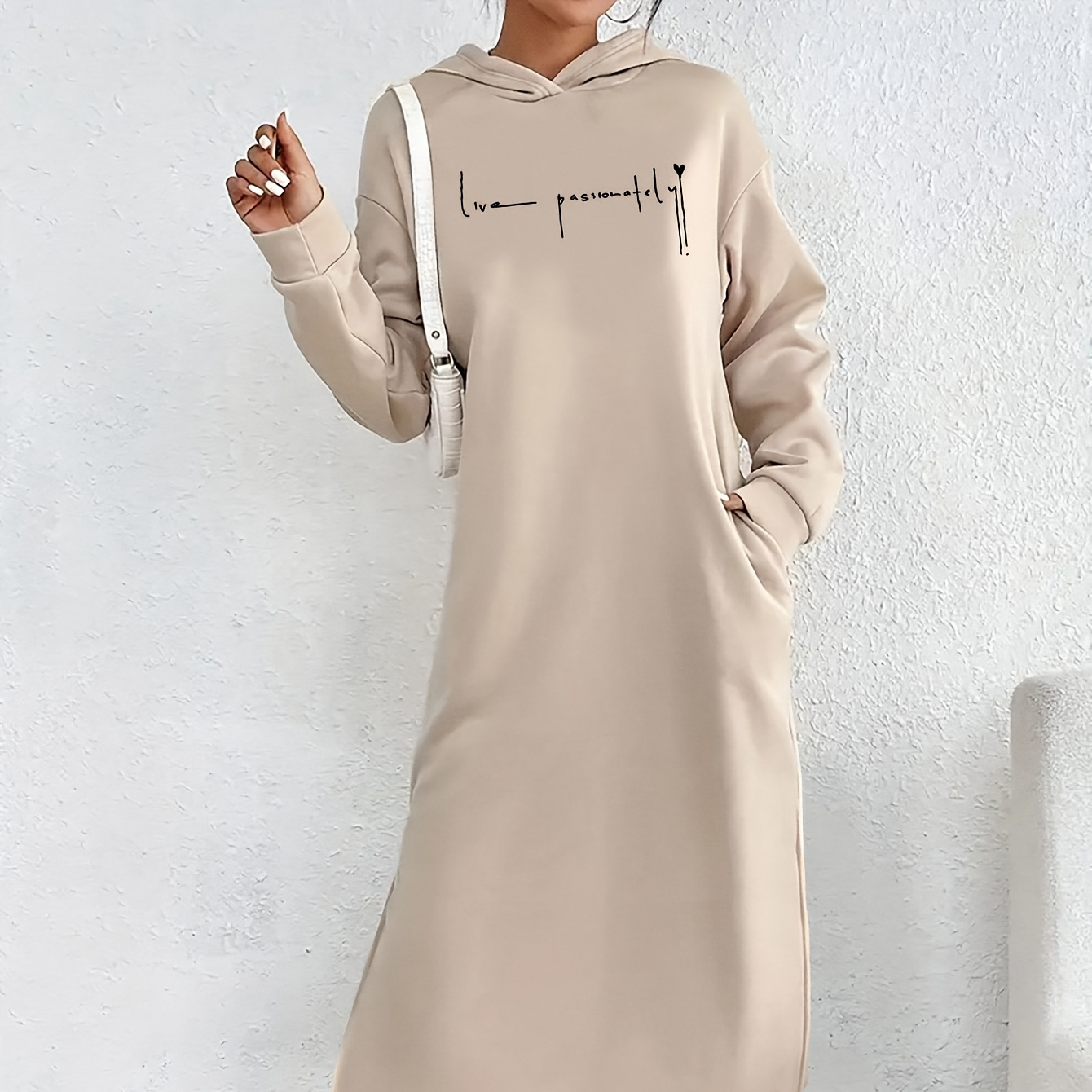 

1pc Women's Casual Long Sleeve Hooded Sweatshirt Dress With Alphabet Print - Polyester Knit Fabric, Applique Detail, , Regular Sleeves, Long Length