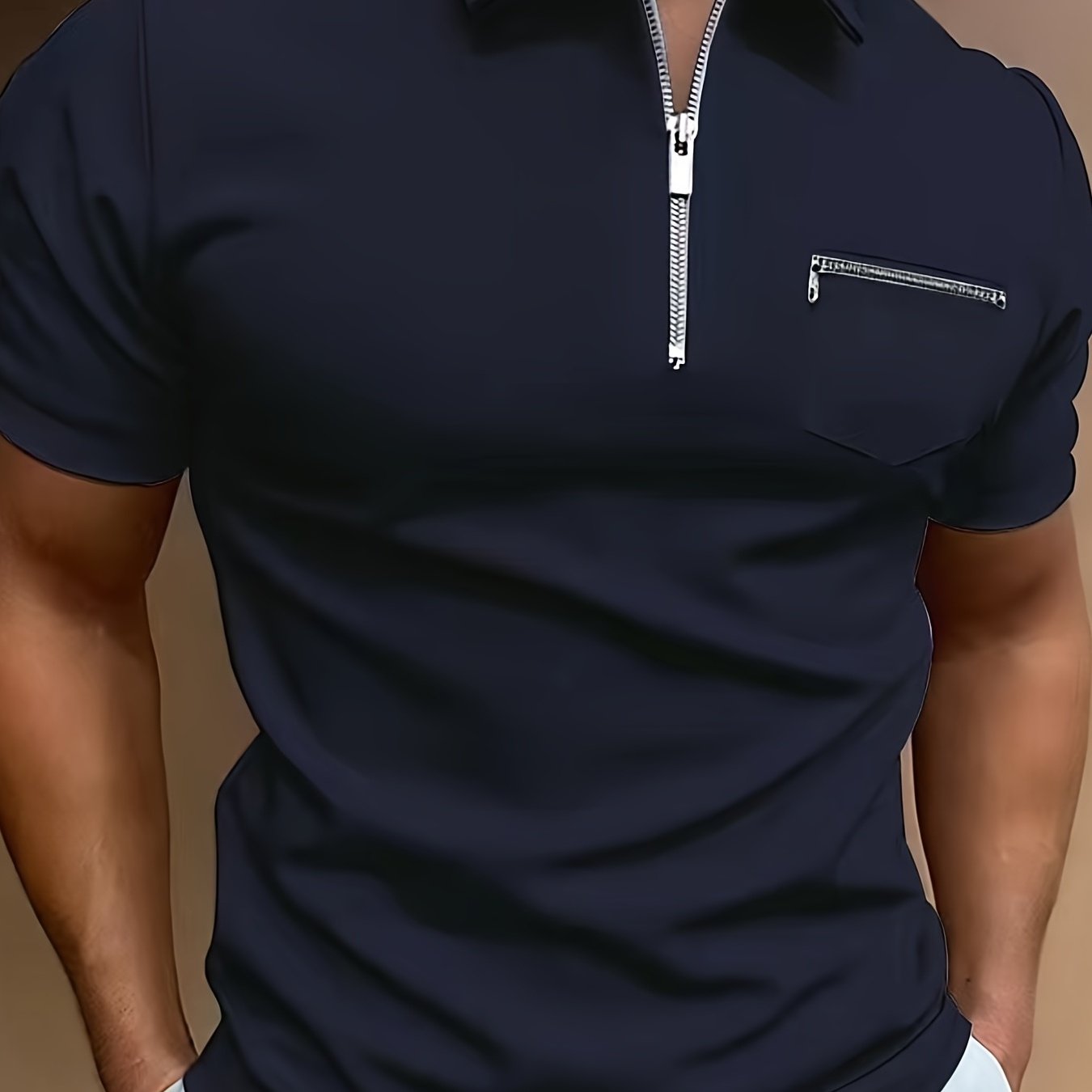 

Breathable Regular Fit Chest Zipper Pocket Golf Shirt, Men's Casual V-neck T-shirt Short Sleeve For Summer, Men's Clothing