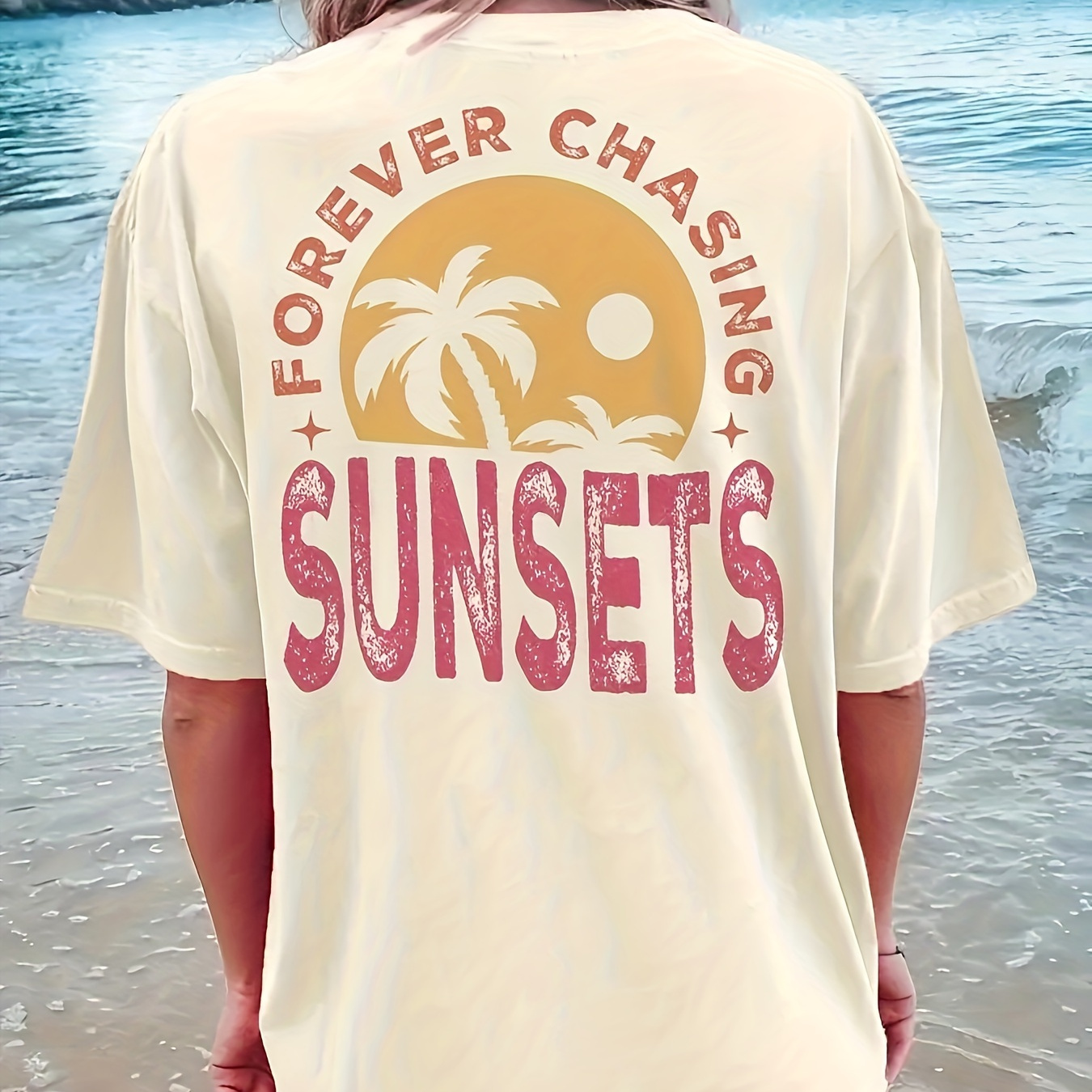 

Sunset Print Crew Neck T-shirt, Casual Short Sleeve T-shirt For Spring & Summer, Women's Clothing