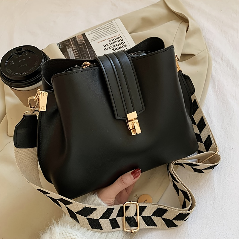 Magnet Zipper Shoulder Bag Soft Pu Leather Crossbody Bag Geometric Pattern  Detachable Wide Strap Bucket Bag, Shop On Temu And start Saving