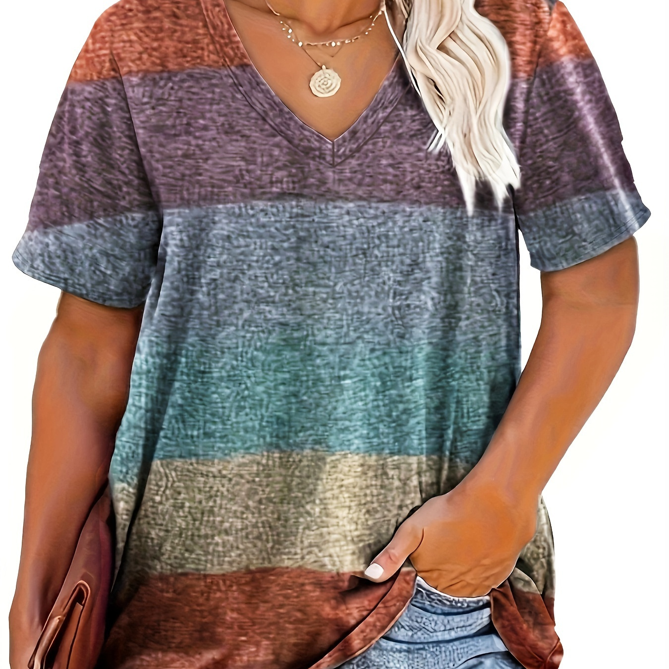 

Plus Size Striped Print T-shirt, Casual V Neck Short Sleeve T-shirt, Women's Plus Size clothing