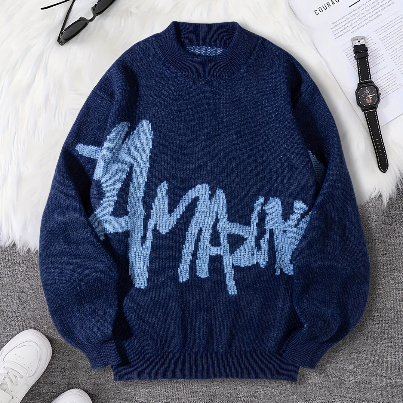 

Graphic Knitted Pullover, Long Sweater For Fall