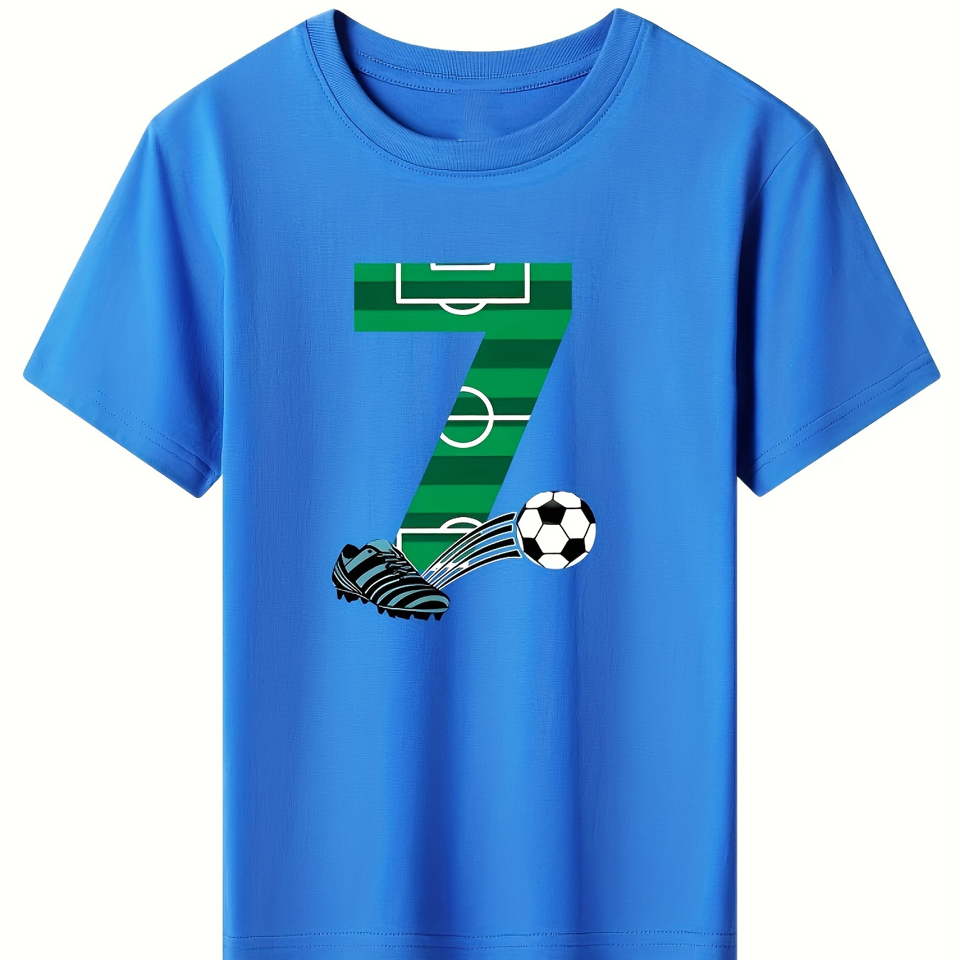 

Boys' Fashion Soccer-themed T-shirt, Casual Style, Vibrant Blue, Soft Cotton Material, Short Sleeves, Crew Neck - Sizes Available