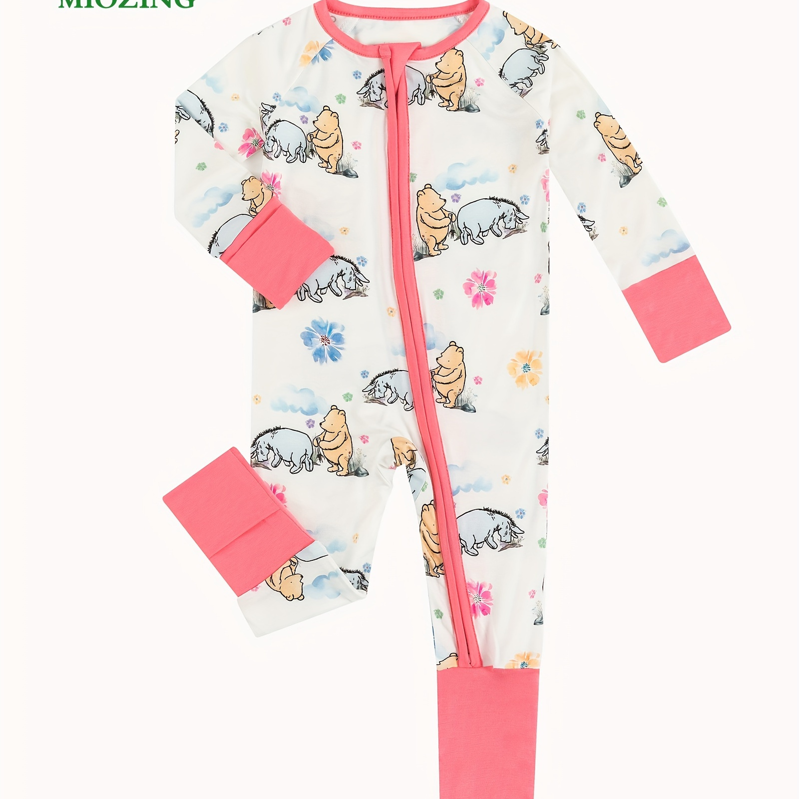 

Miozing Bamboo Fiber Bodysuit For Infants, Cartoon Bear & Flower Pattern Long Sleeve Onesie, Baby Boy's Clothing