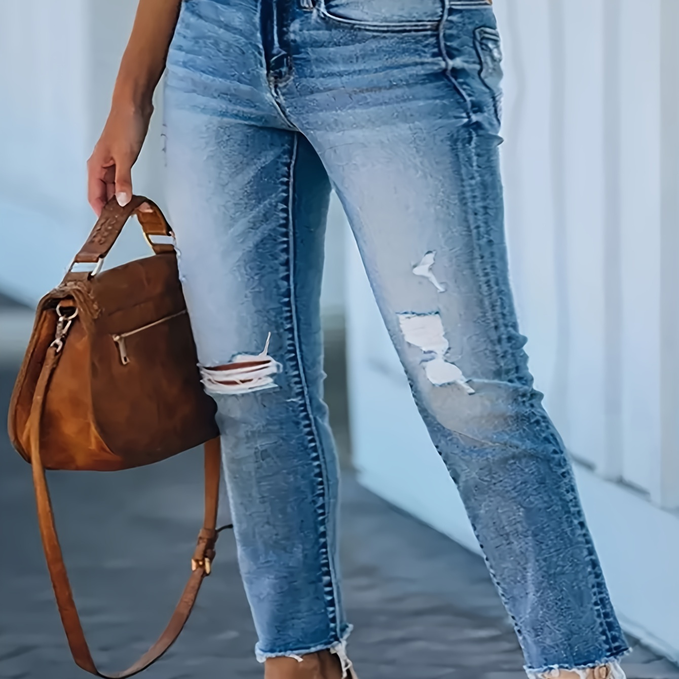 

Women's Casual High Oversized Whiskering Plus Size Denim Pants Ripped Jeans