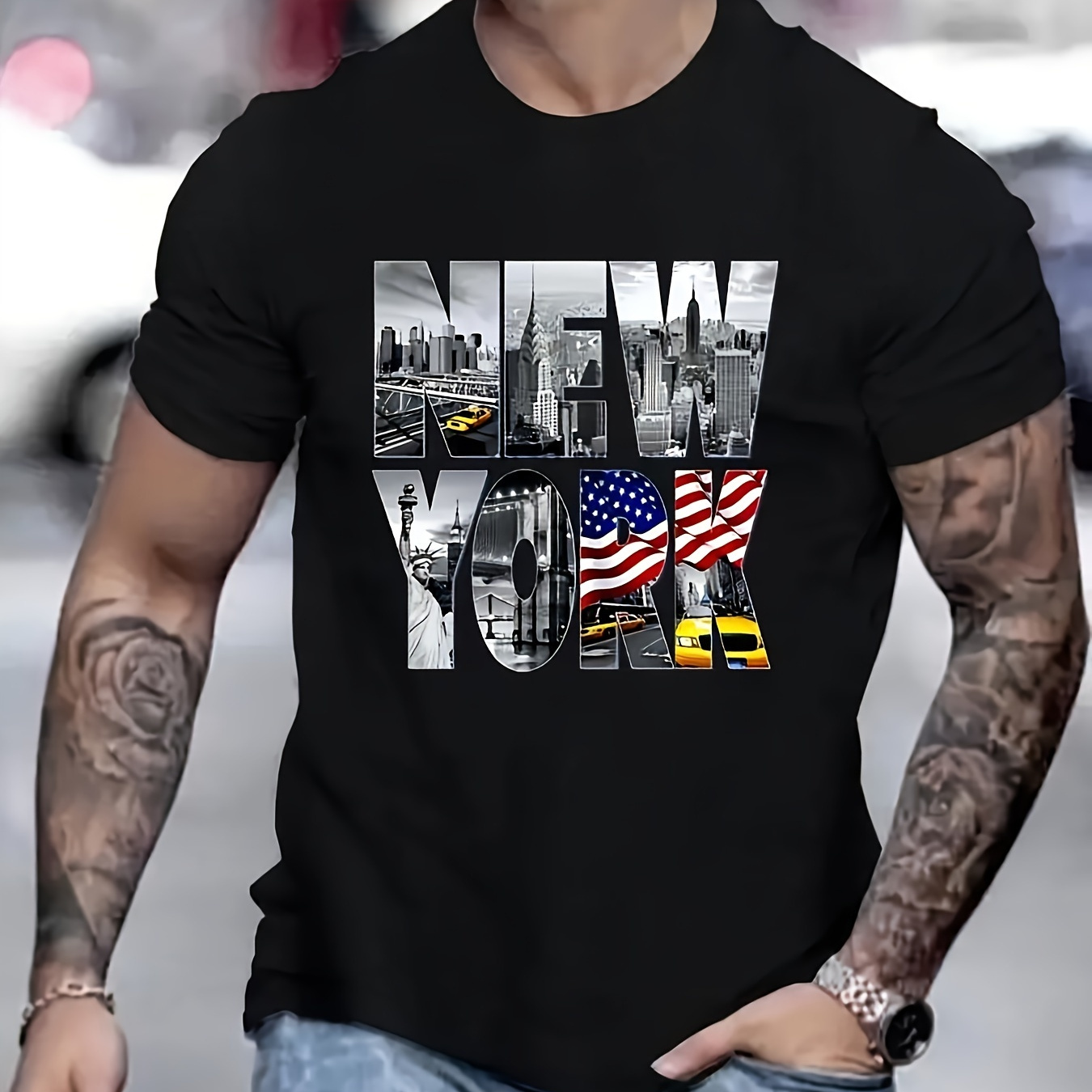 

New York Graphic Men's Short Sleeve T-shirt, Casual Daily Style Fashion Clothing With Slight Stretch 220g