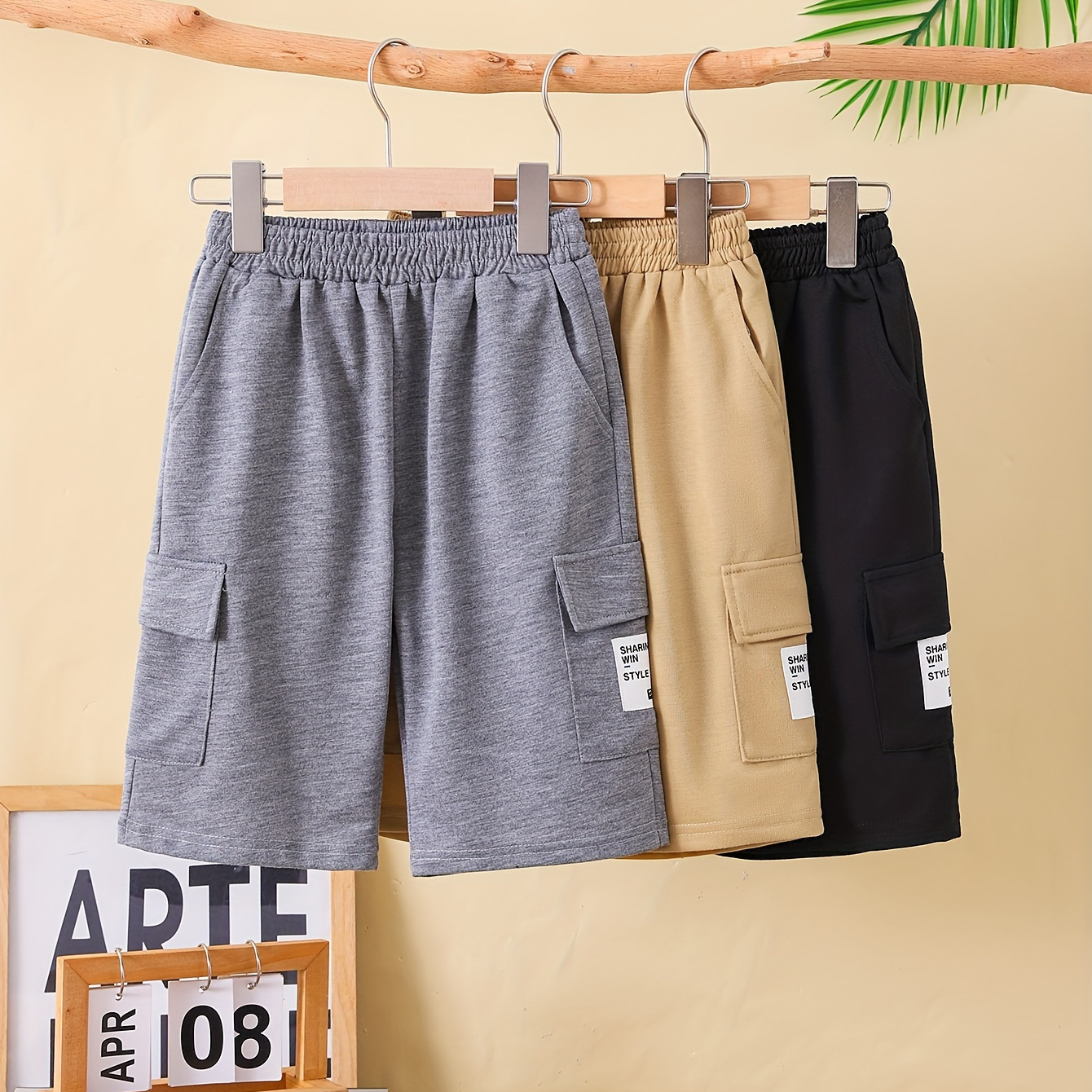 

3pcs Boys Solid Color Label Patched Comfortable Cargo Shorts, Casual Elastic Wiast Shorts For Summer Outdoor