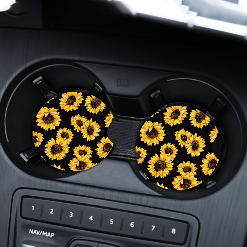 

2pcs Car Coasters, Sunflowers Daisy Cactus Print Cup Slot Mat Silicone Non-slip Pad Cup Heat Insulation Coasters For Car Interior Accessories