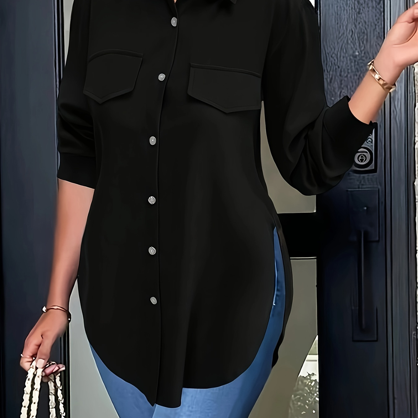 

Elegant Solid Color Button-up Shirt For Women - Soft Polyester, Machine Washable, Non-sheer With Turn-down Collar & Regular Sleeves